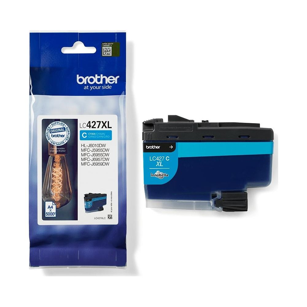 Niebiesko-czarne opakowanie wkładu atramentowego Brother LC427XL i pojedynczy niebieski wkład.