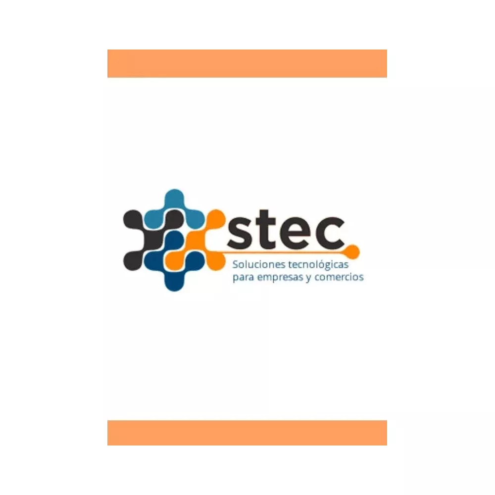 Logo con pezzi di puzzle e testo 'stec' in arancione e blu.