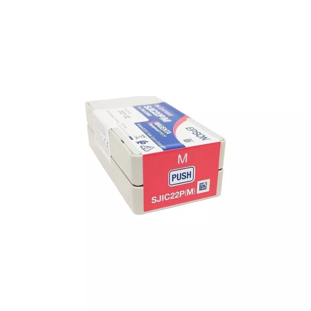 Una confezione di cartucce d'inchiostro EPSON magenta etichettata SJIC22P(M).