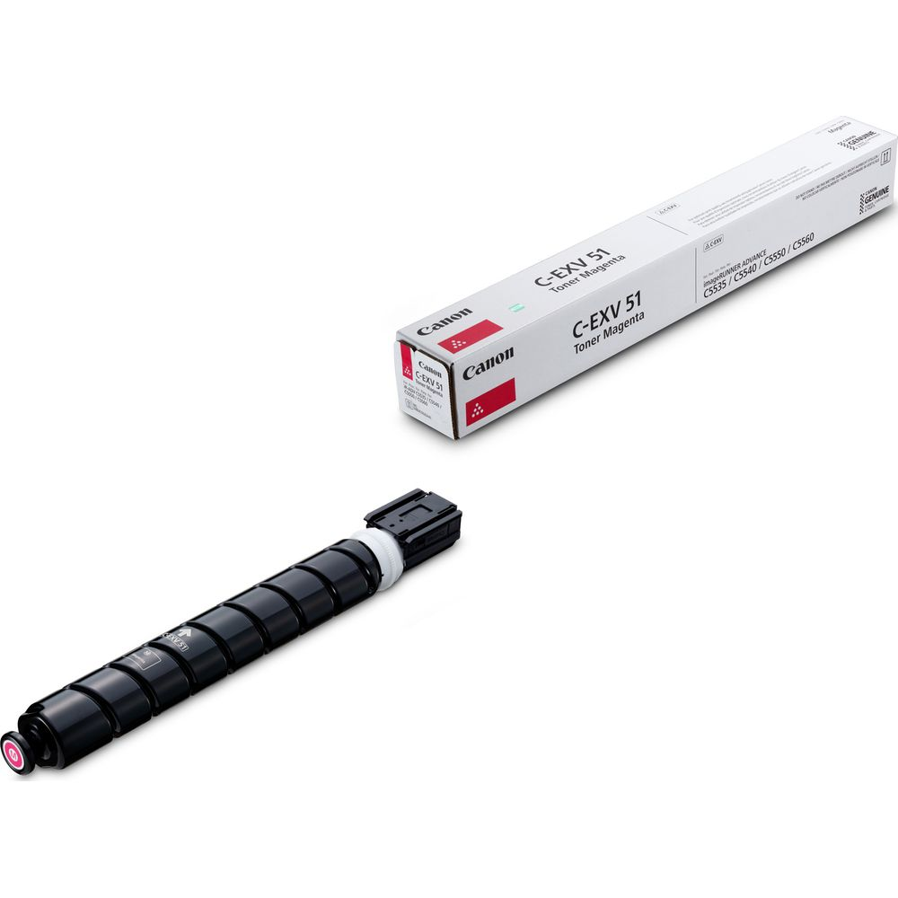 Czarny wkład tonera z magenta nakrętką i pudełko Canon Toner Magenta.