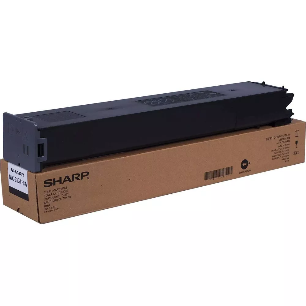 Cartuccia toner Sharp MX-61GT-BA nera nella sua scatola marrone.