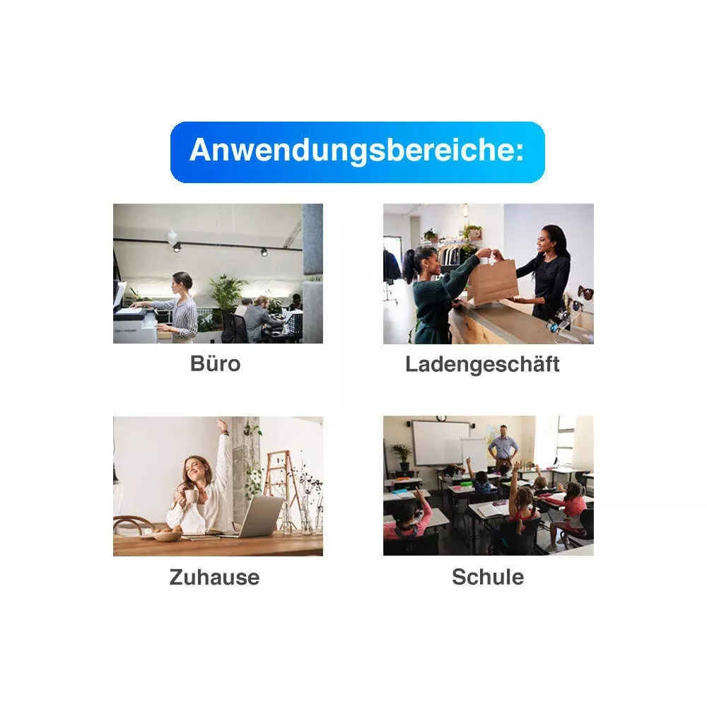 Vier Bilder zeigen Anwendungen: Büro, Laden, Zuhause, Schule.