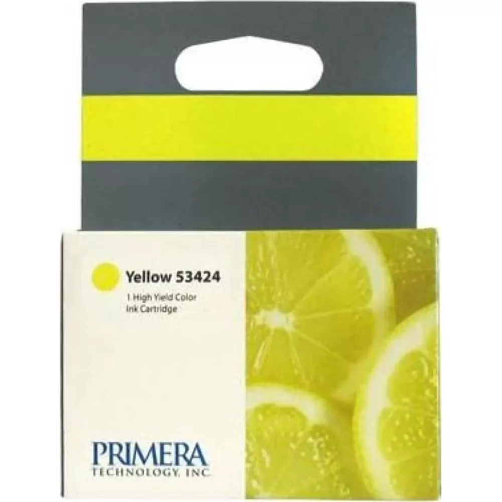 Scatola cartuccia inchiostro giallo con fette di limone e marca Primera.