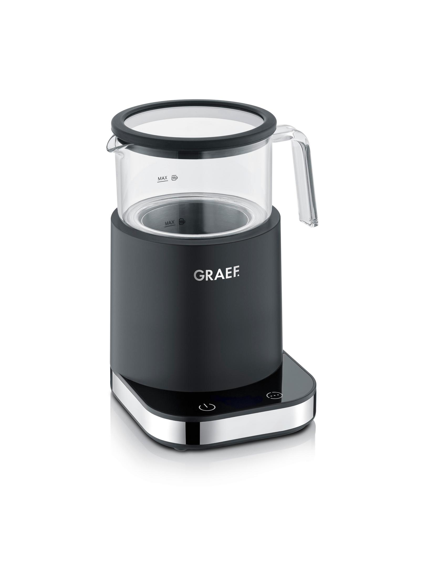 Czajnik elektryczny czarny z szklanym dzbankiem i srebrną podstawą.