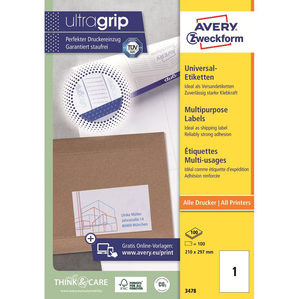 Avery Zweckform Etikettenpackung mit Adresse, Produktinformationen und Umweltlogos.