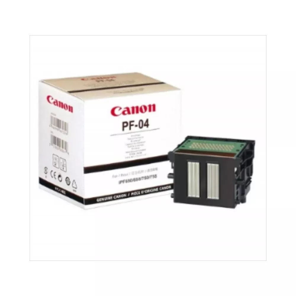 Testina di stampa Canon PF-04 accanto a una confezione Canon.