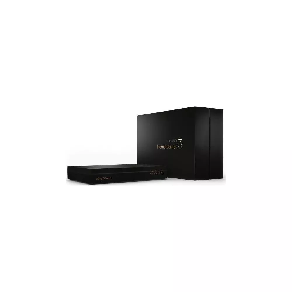 Zwei schwarze Fibaro Home Center 3 Geräte, eines horizontal, eines vertikal, auf weißem Grund.