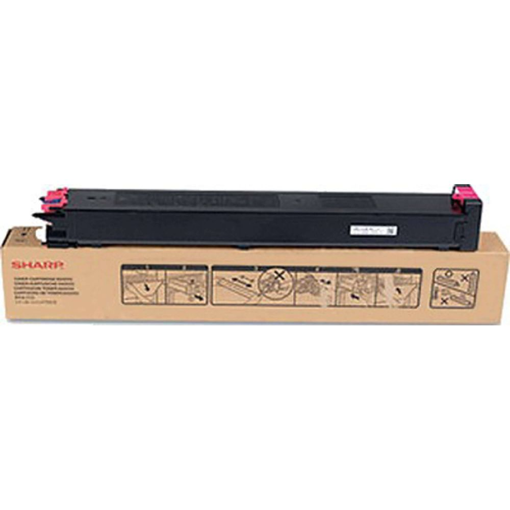 Cartuccia toner nera con accenti rosa su scatola marrone con icone.
