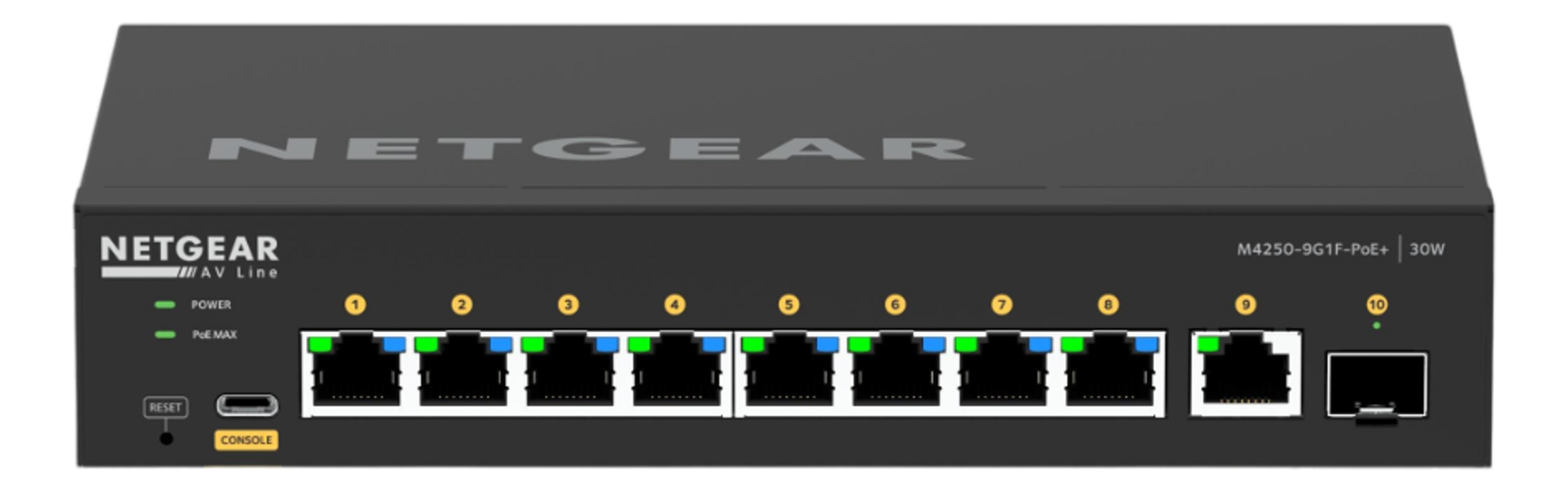 Switch sieciowy z 9 portami, diodami zasilania i PoE, portami reset i konsoli.