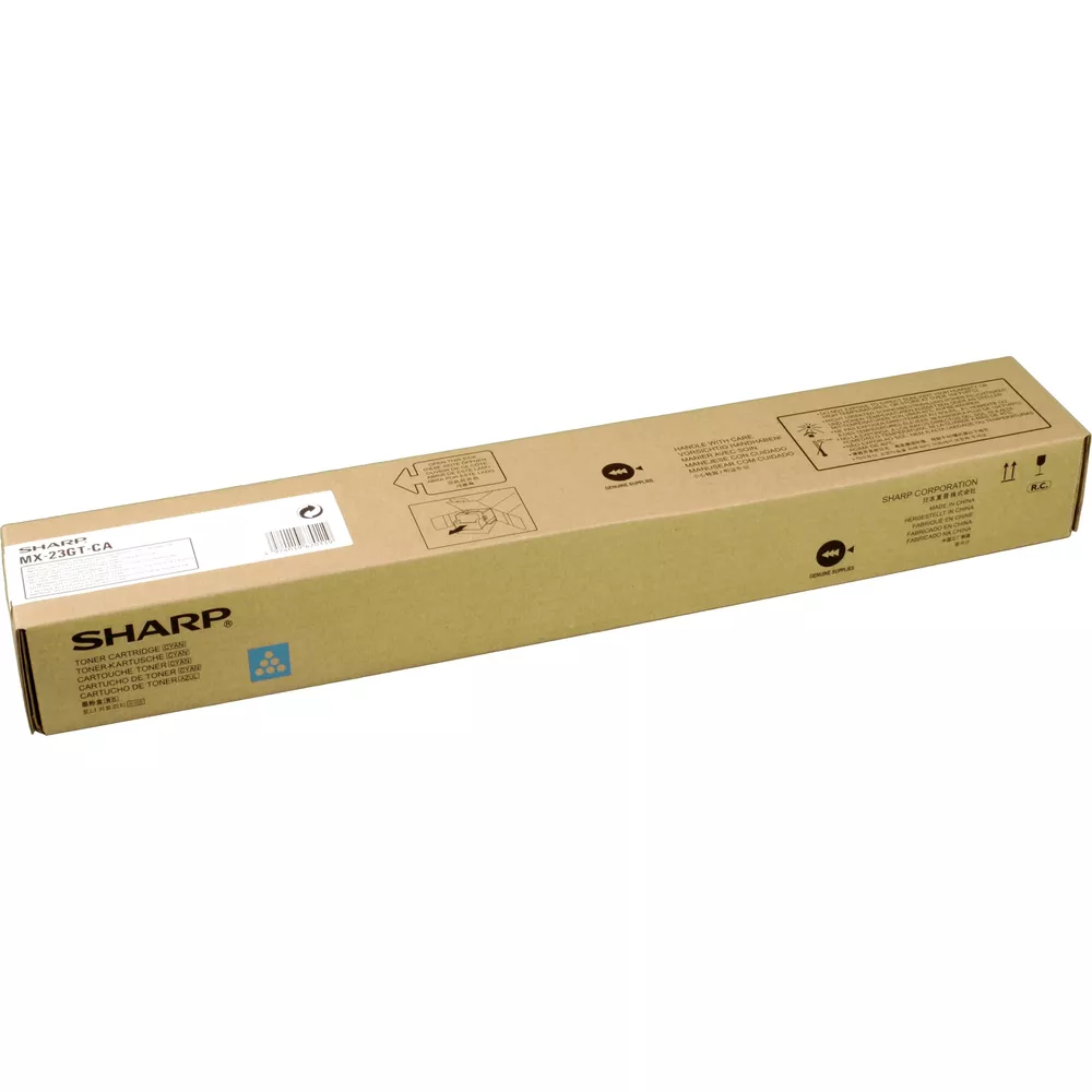 Una scatola di cartone per una cartuccia toner ciano Sharp MX-23GT-CA.