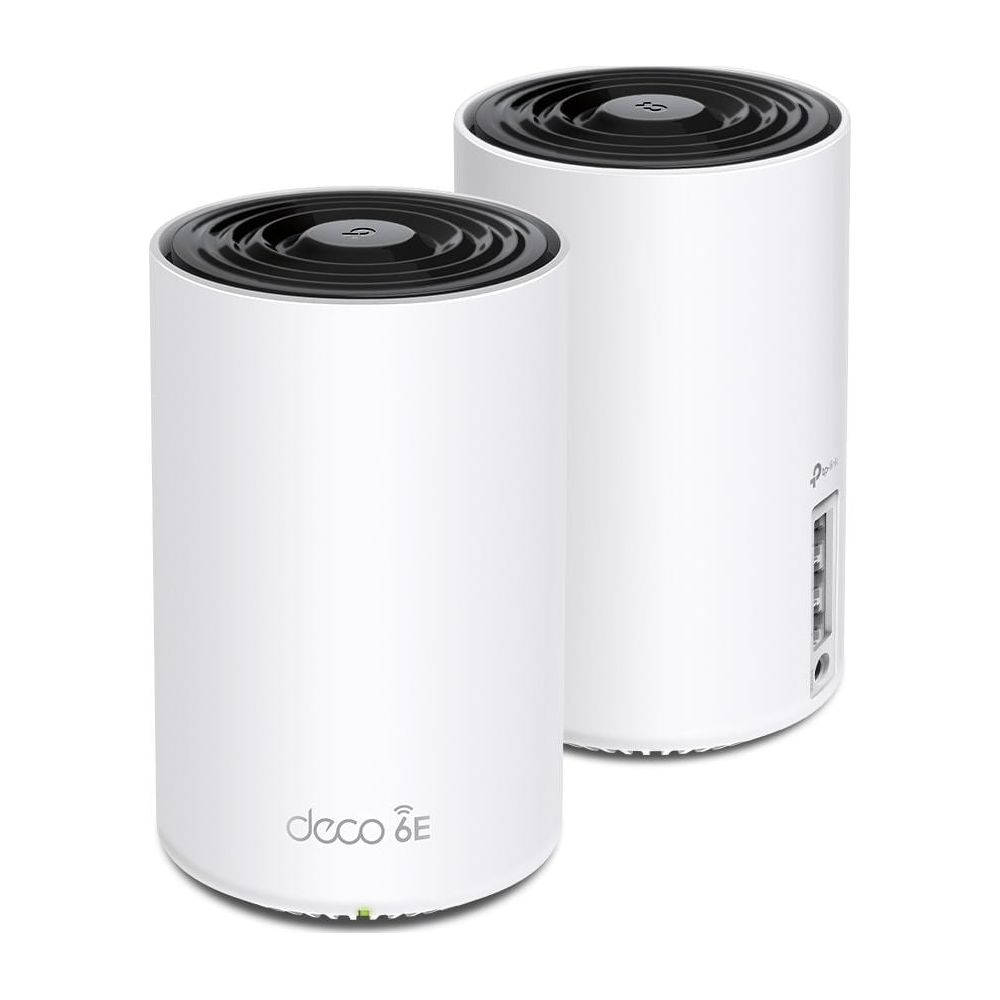 Twee witte, cilindrische Deco routers met zwarte geventileerde bovenkanten.