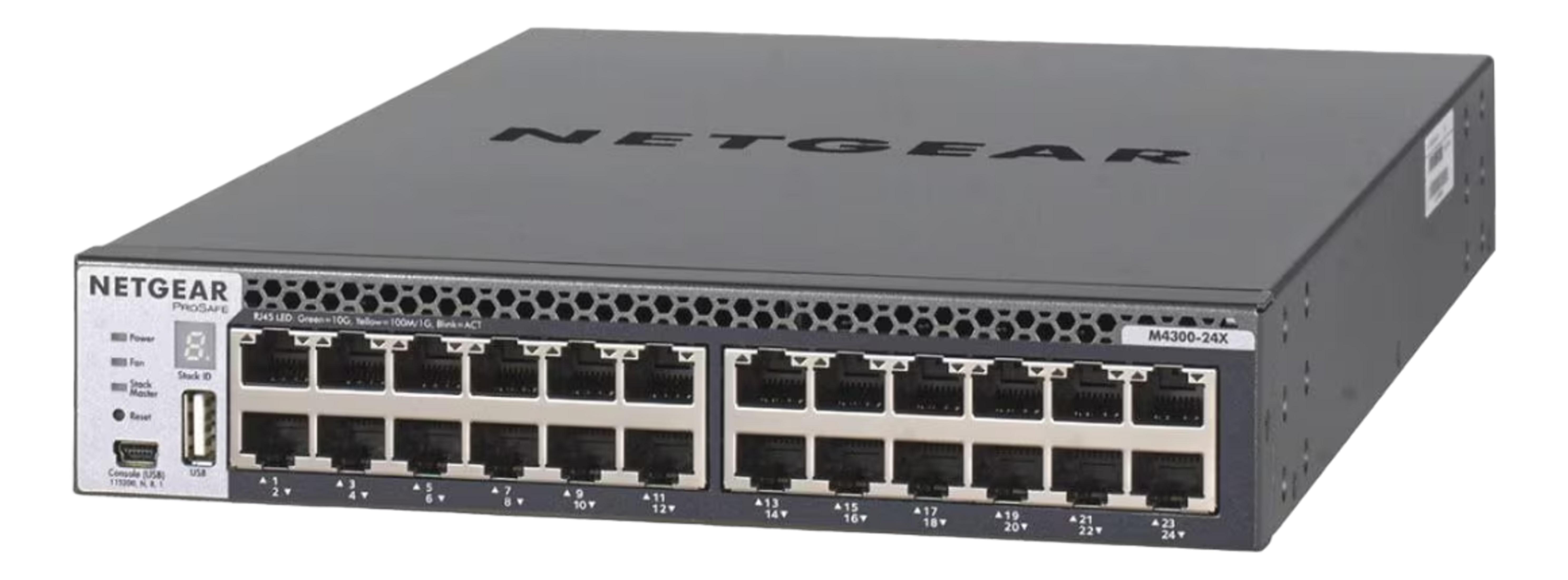 Szary przełącznik sieciowy Netgear M4300-24X z 24 portami.