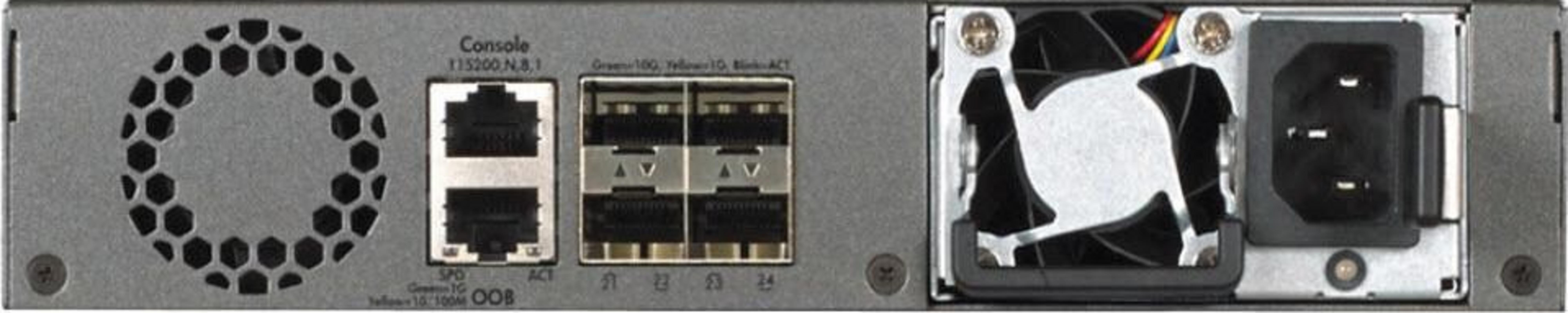 Tył urządzenia z wentylatorem, złączem zasilania, portami Ethernet i kratką wentylacyjną.