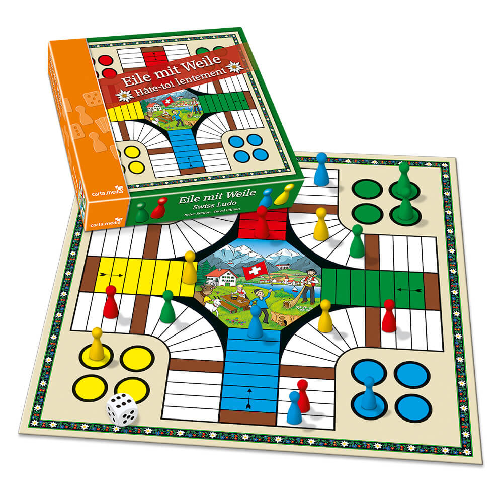 Un gioco Ludo a tema svizzero con pedine.