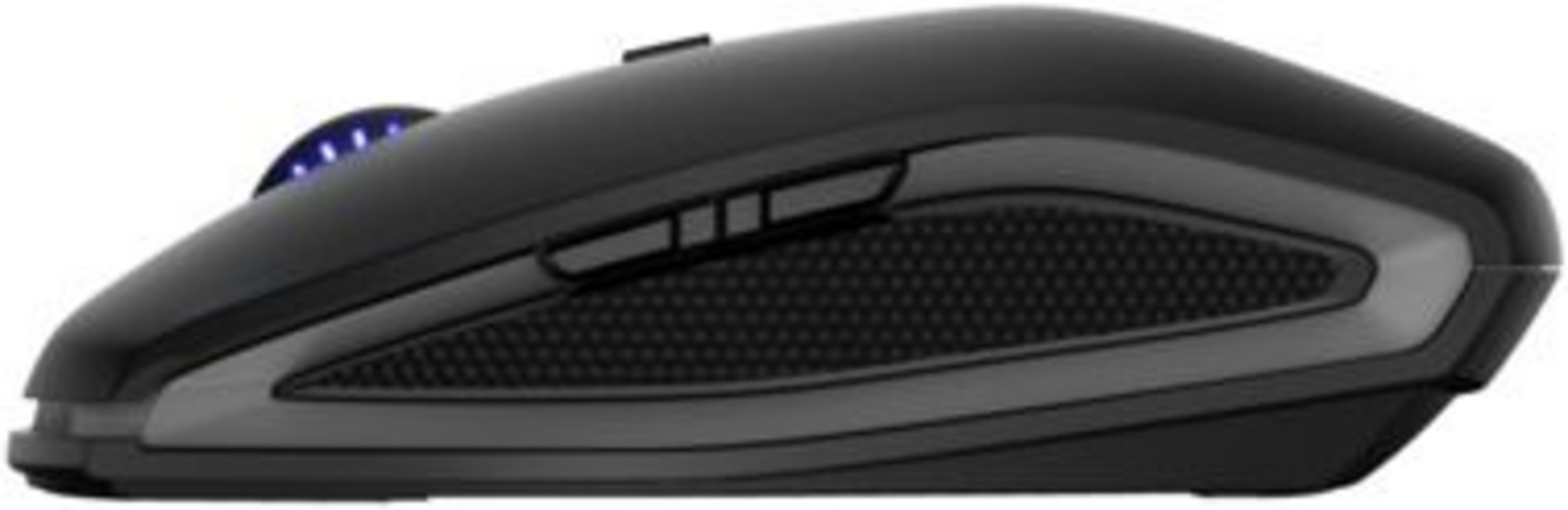 Black gaming mouse with blue lighting and textured grip.