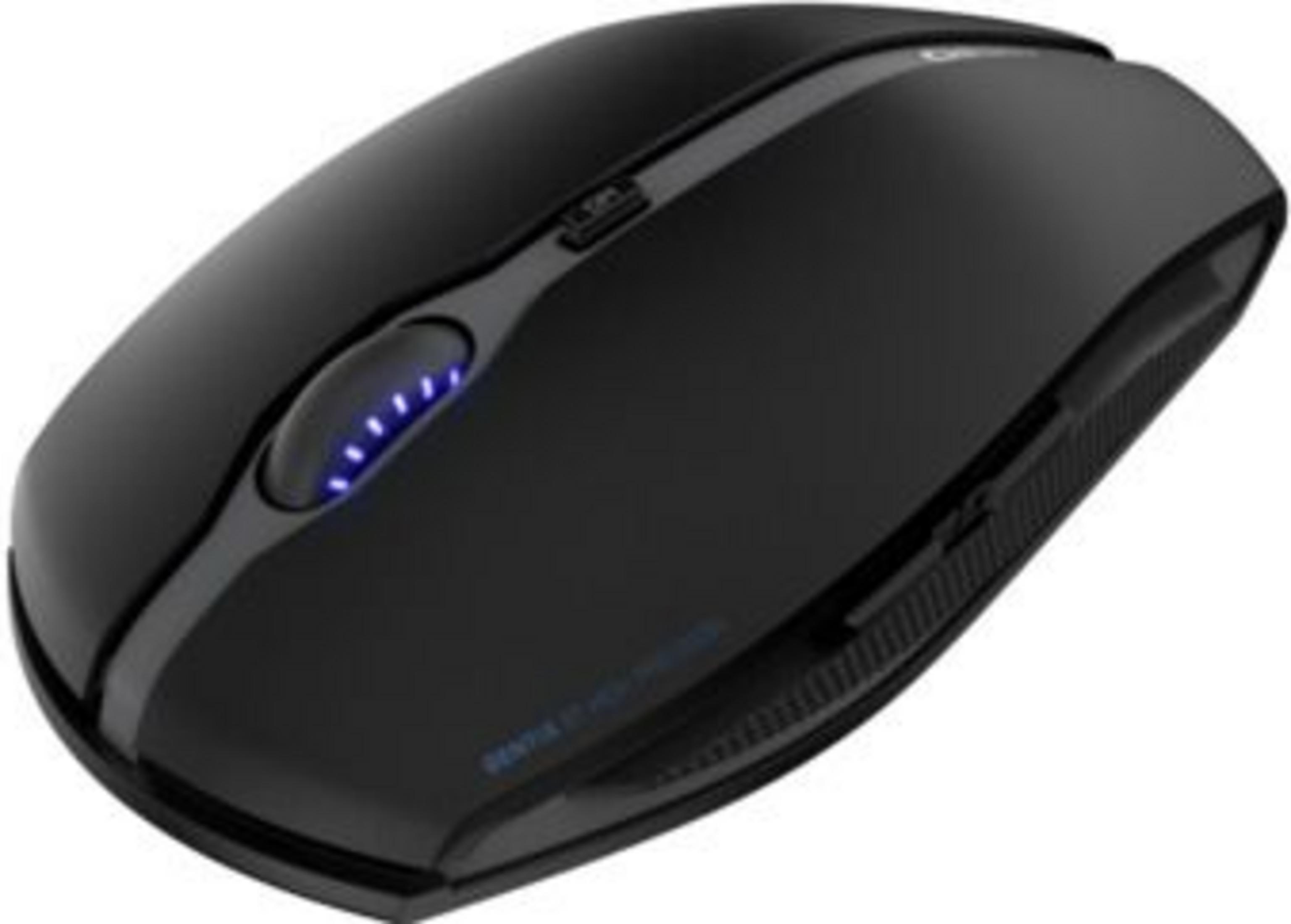 Black computer mouse with blue glowing scroll wheel and DPI button.