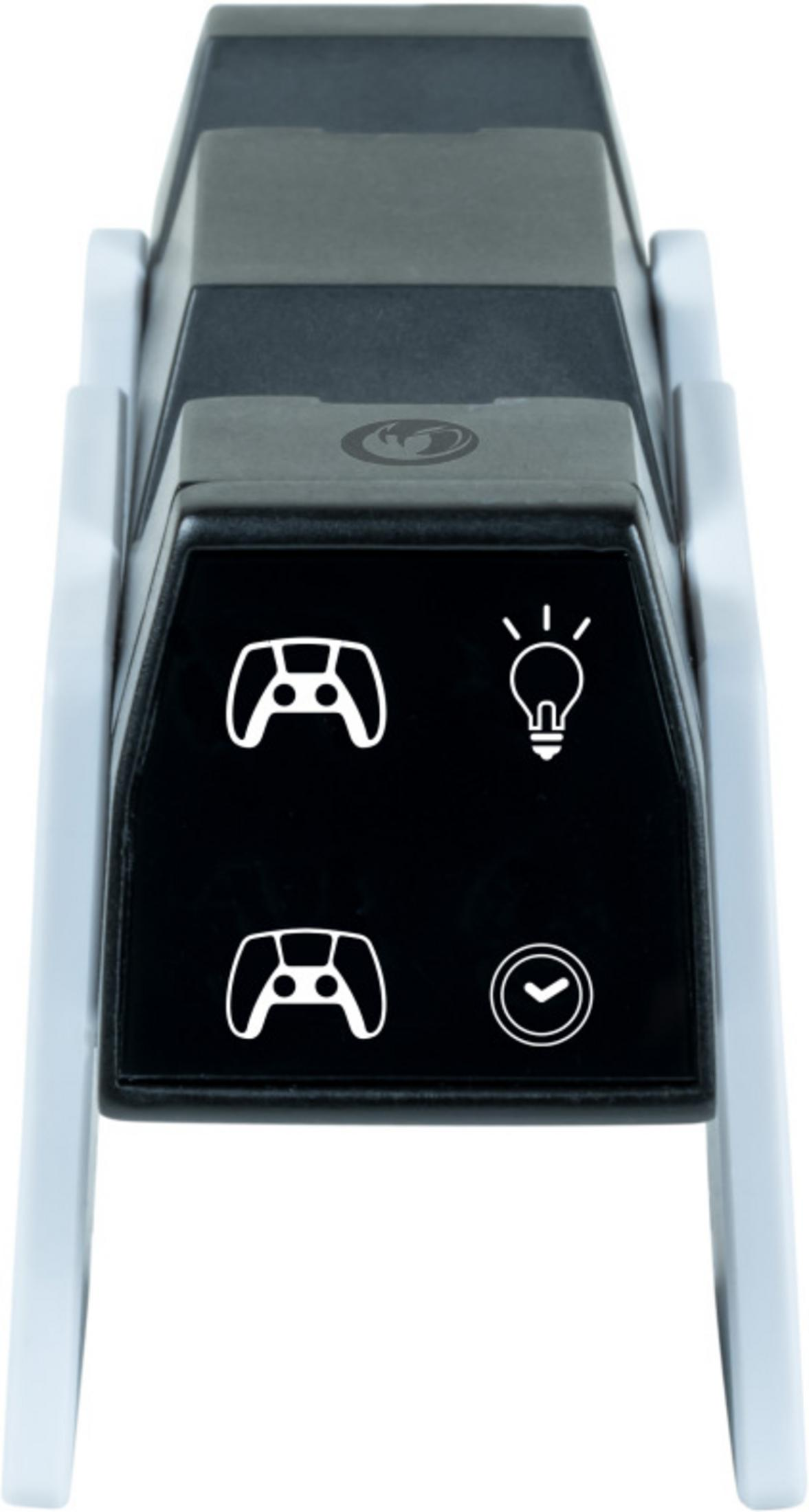 Graues Gerät mit weißen Beinen, schwarzem Bedienfeld und Symbolen für Controller, Lampe und Haken.