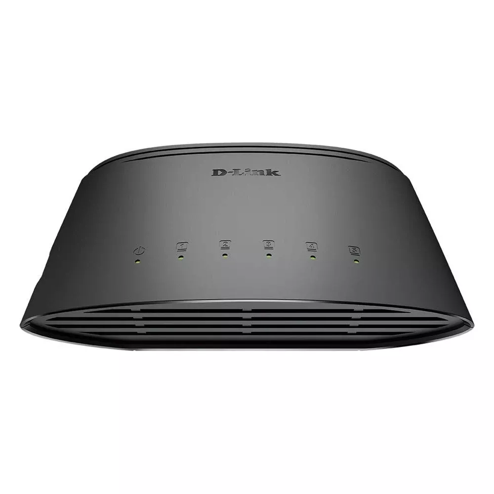 Zwarte D-Link netwerkswitch met vijf indicatielampjes en ventilatiesleuven.