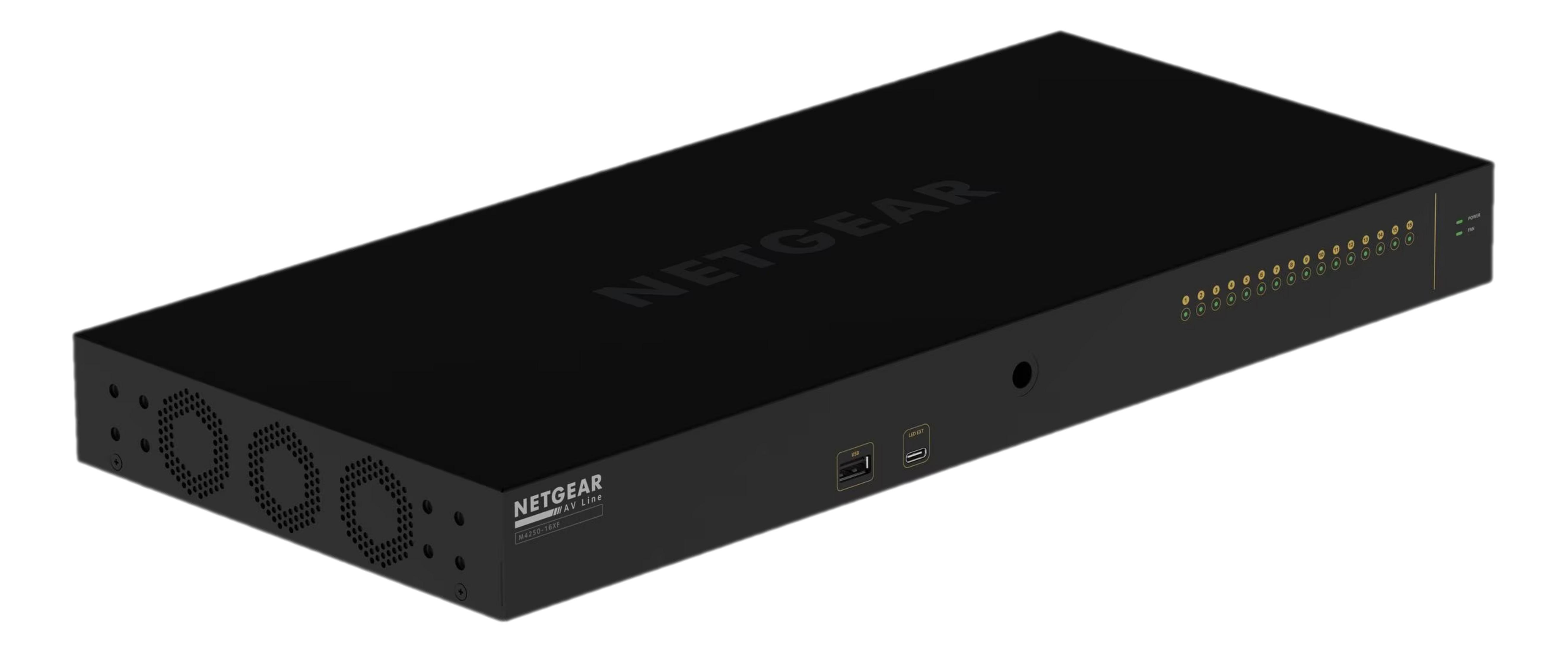 Czarny przełącznik sieciowy NETGEAR z diodami LED i portami USB.