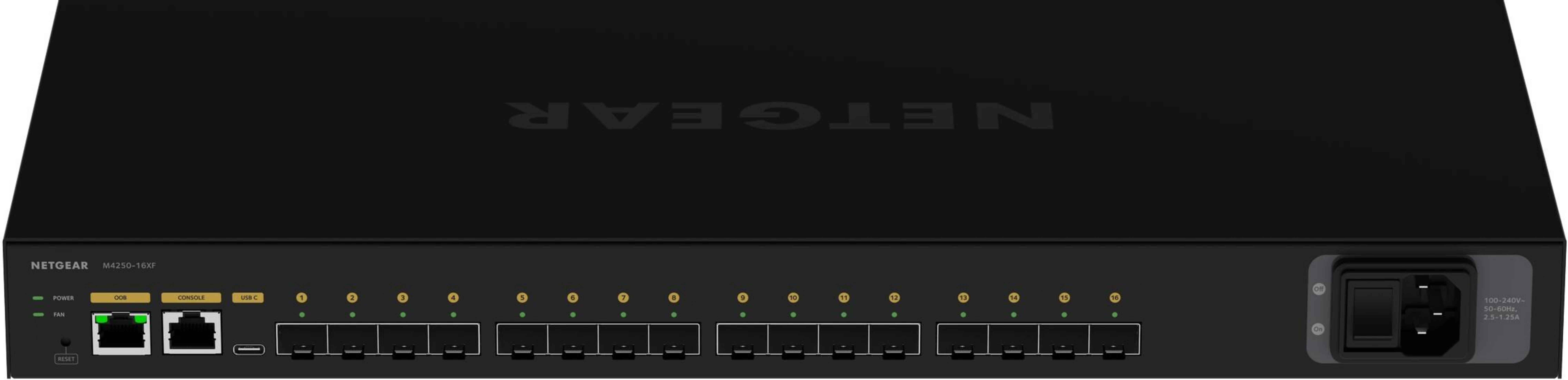 Czarny przełącznik Netgear M4250-16XF z 16 portami, wejściem zasilania i USB-C.