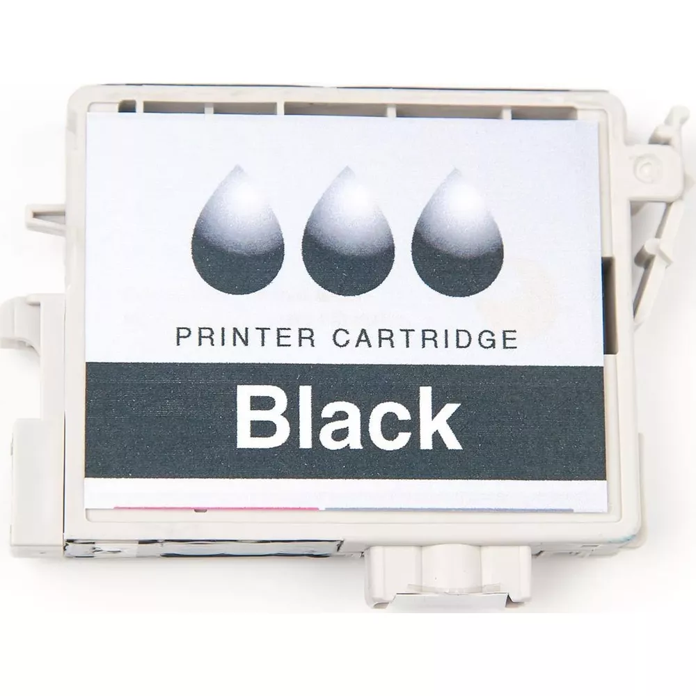 Schwarze Druckerpatrone mit drei Tropfensymbolen und der Aufschrift 'PRINTER CARTRIDGE Black'.