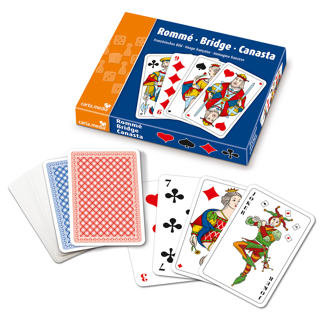 Boîte de cartes à jouer avec des cartes, y compris des jokers et des rois.