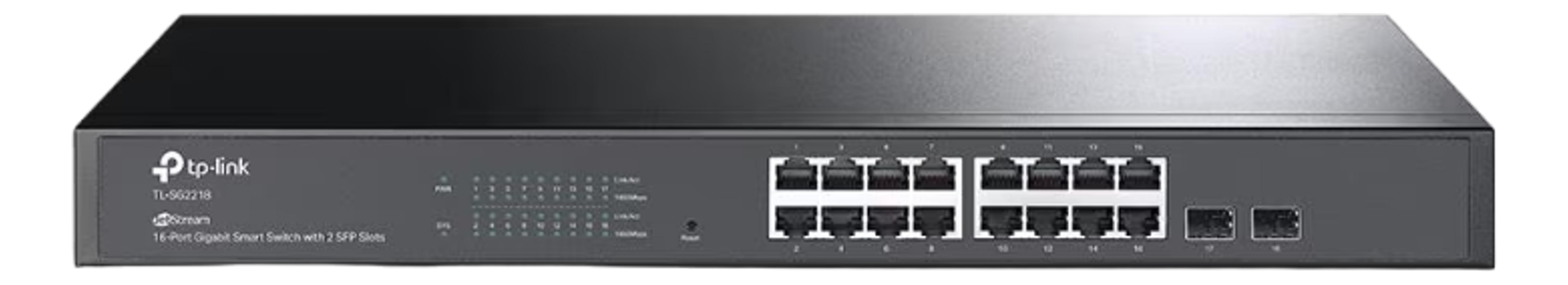 Szary TP-Link 16-portowy przełącznik Gigabit Smart z gniazdami SFP.