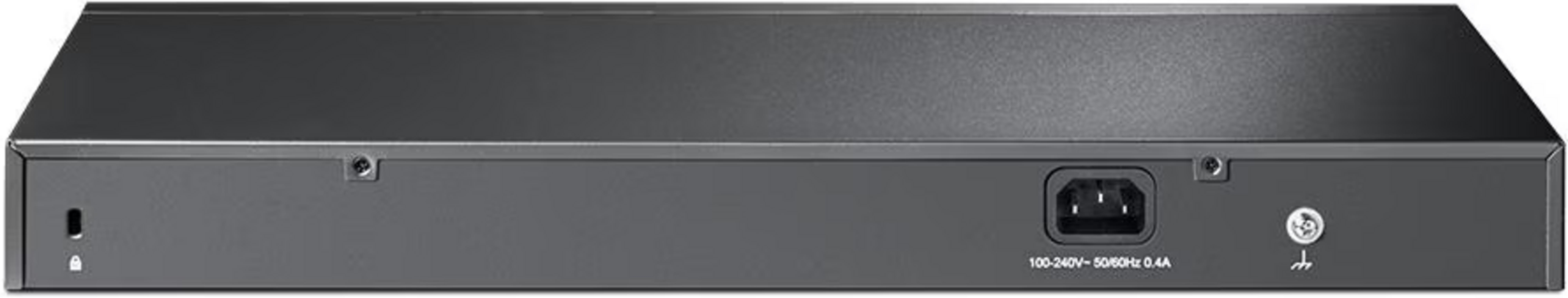 Tył czarnego przełącznika sieciowego z wejściem zasilania i symbolem uziemienia.