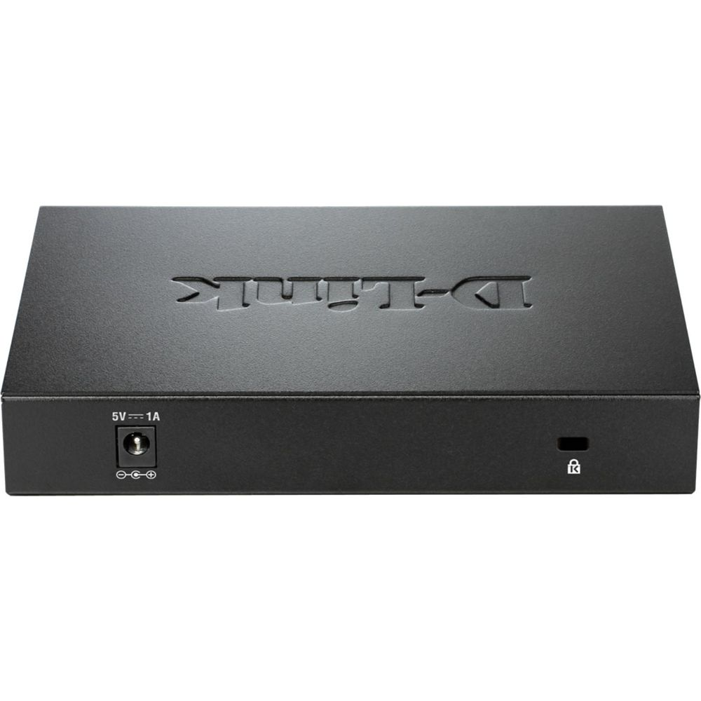 Zwarte D-Link switch met 5V/1A stroomingang en slot-icoon.