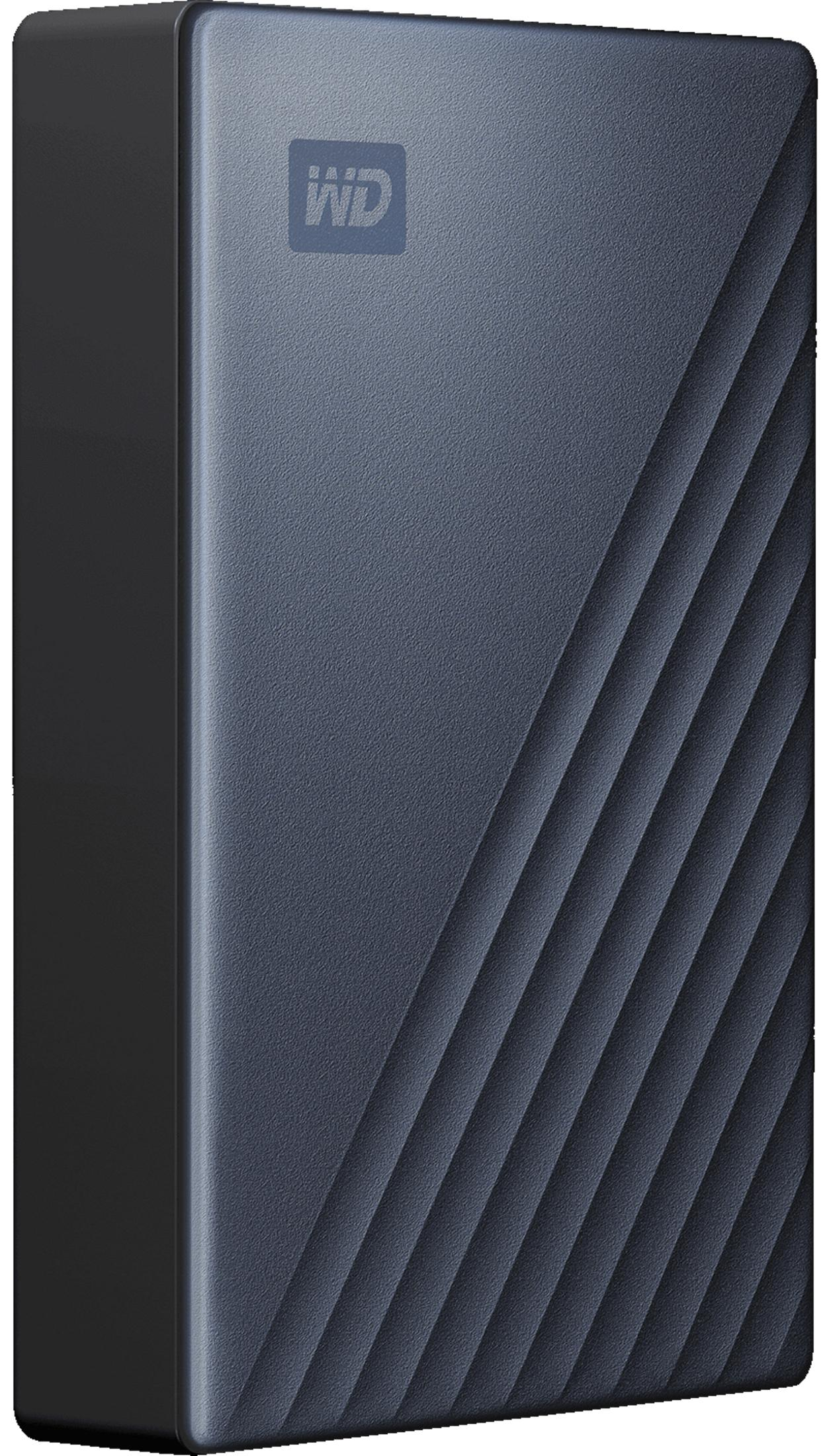 Ciemnoszary dysk zewnętrzny z ukośnymi rowkami i logo WD.
