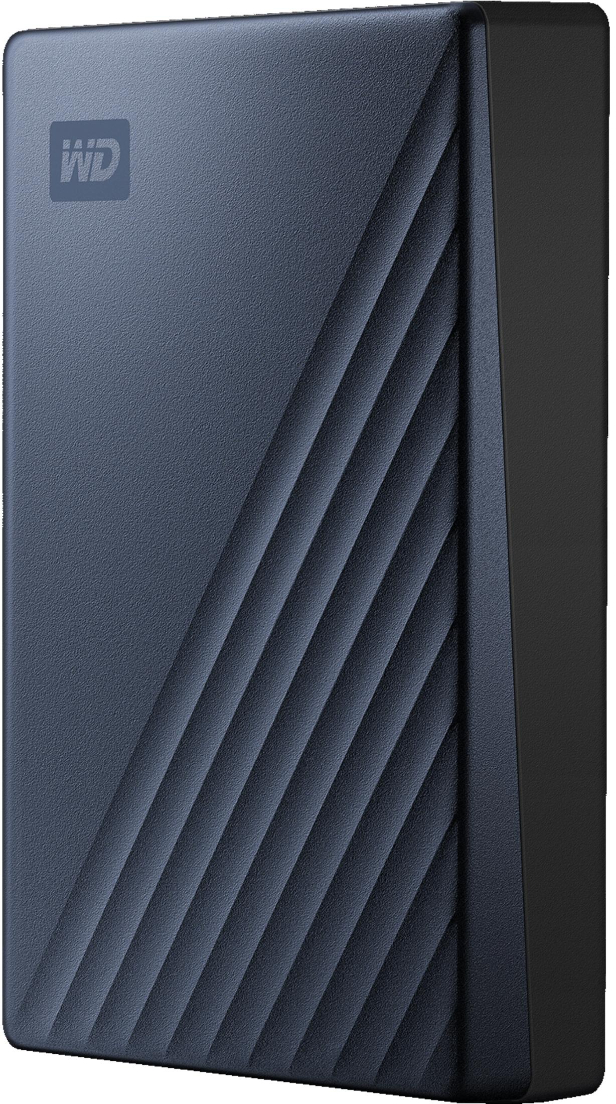 Ciemnoniebieski przenośny dysk WD My Passport z prążkowanym wzorem.