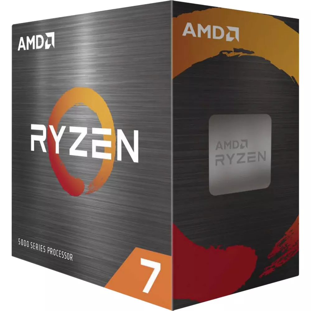Pudełko procesora AMD Ryzen 7 serii 5000 z logo AMD i okrągłym wzorem Ryzen.