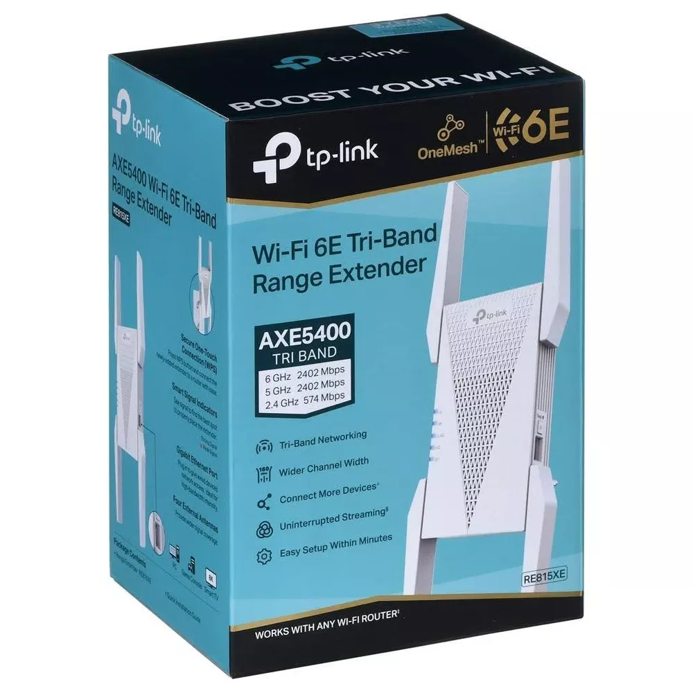 Verpackung eines TP-Link AXE5400 WLAN-Extenders mit Antennen und Produktmerkmalen.