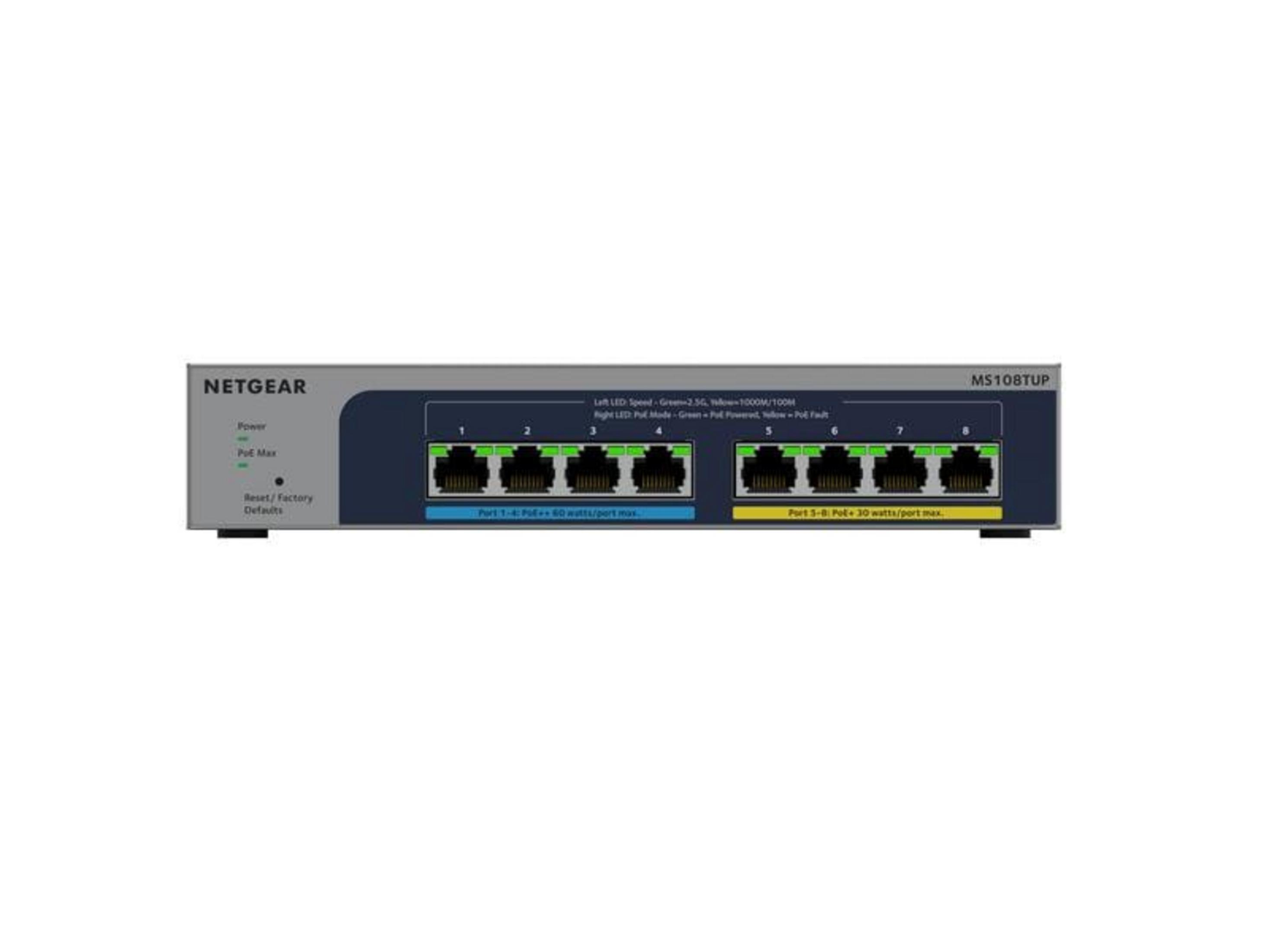Switch Netgear MS108TUP con 8 porte, alimentazione e indicatori di stato PoE.