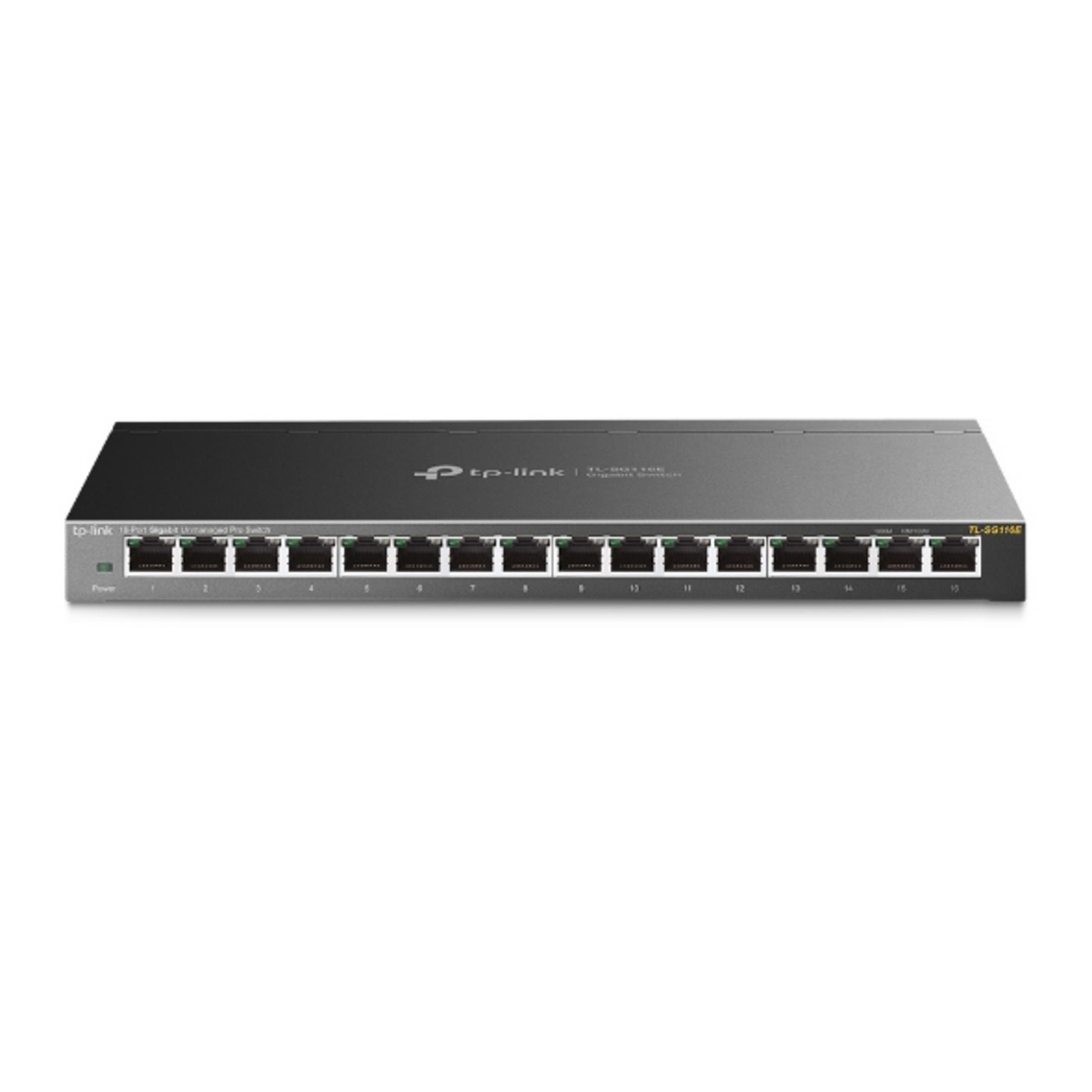 Ein silberner TP-Link Netzwerk-Switch mit 16 Ports und LEDs.