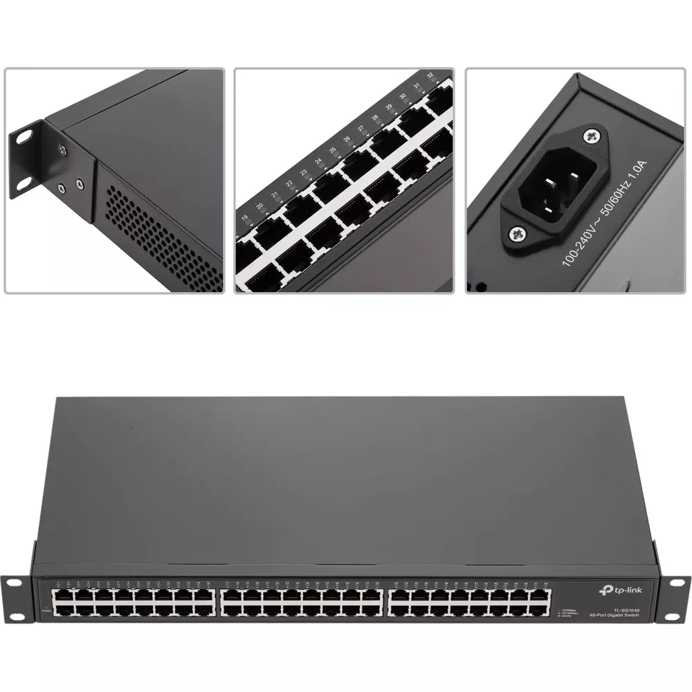 Czarny przełącznik TP-Link Gigabit 48-portowy ze szczegółowymi widokami portów i wejścia zasilania.
