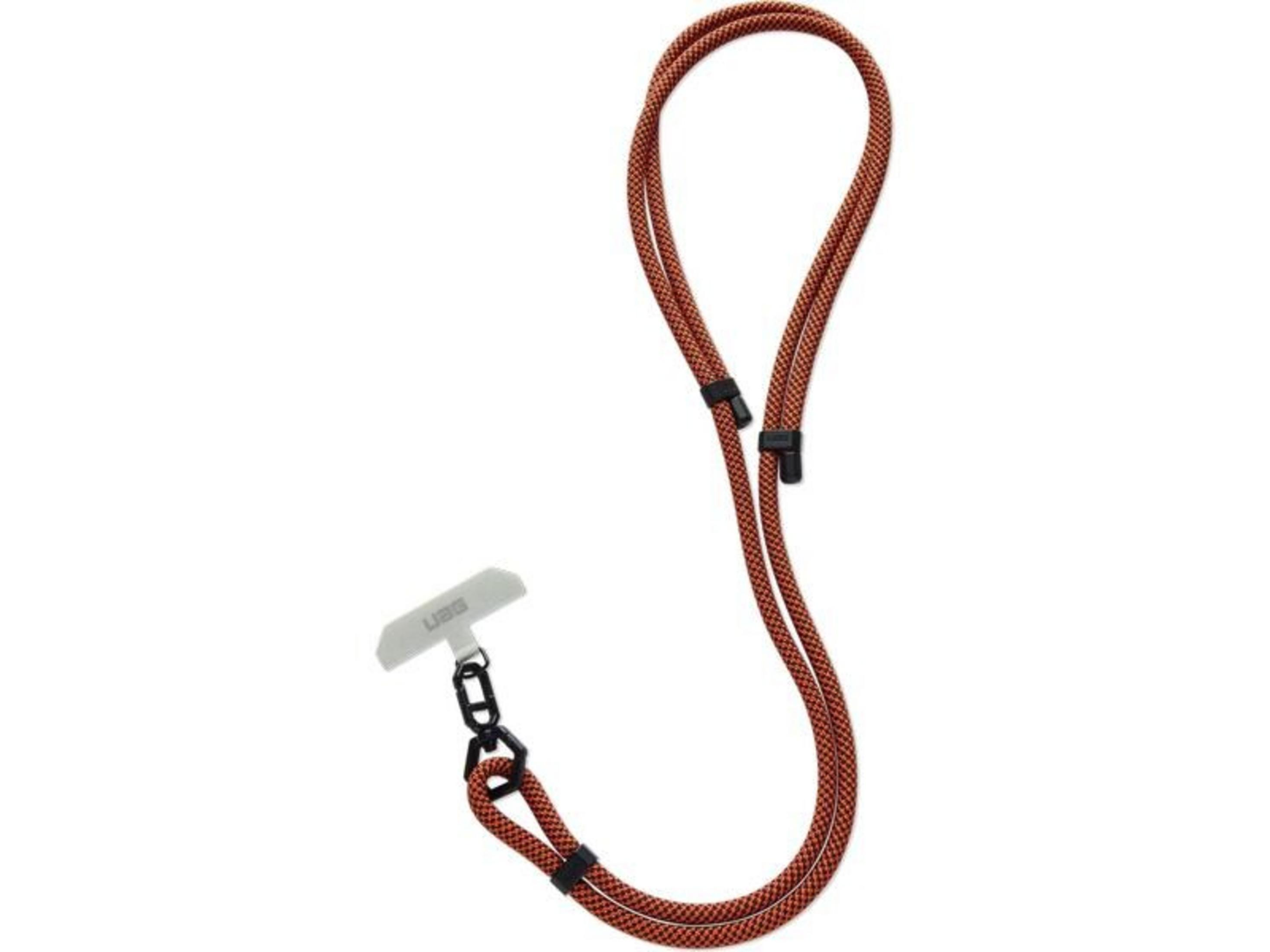 Ein oranges und schwarzes Lanyard mit einem weißen Handy-Adapter.