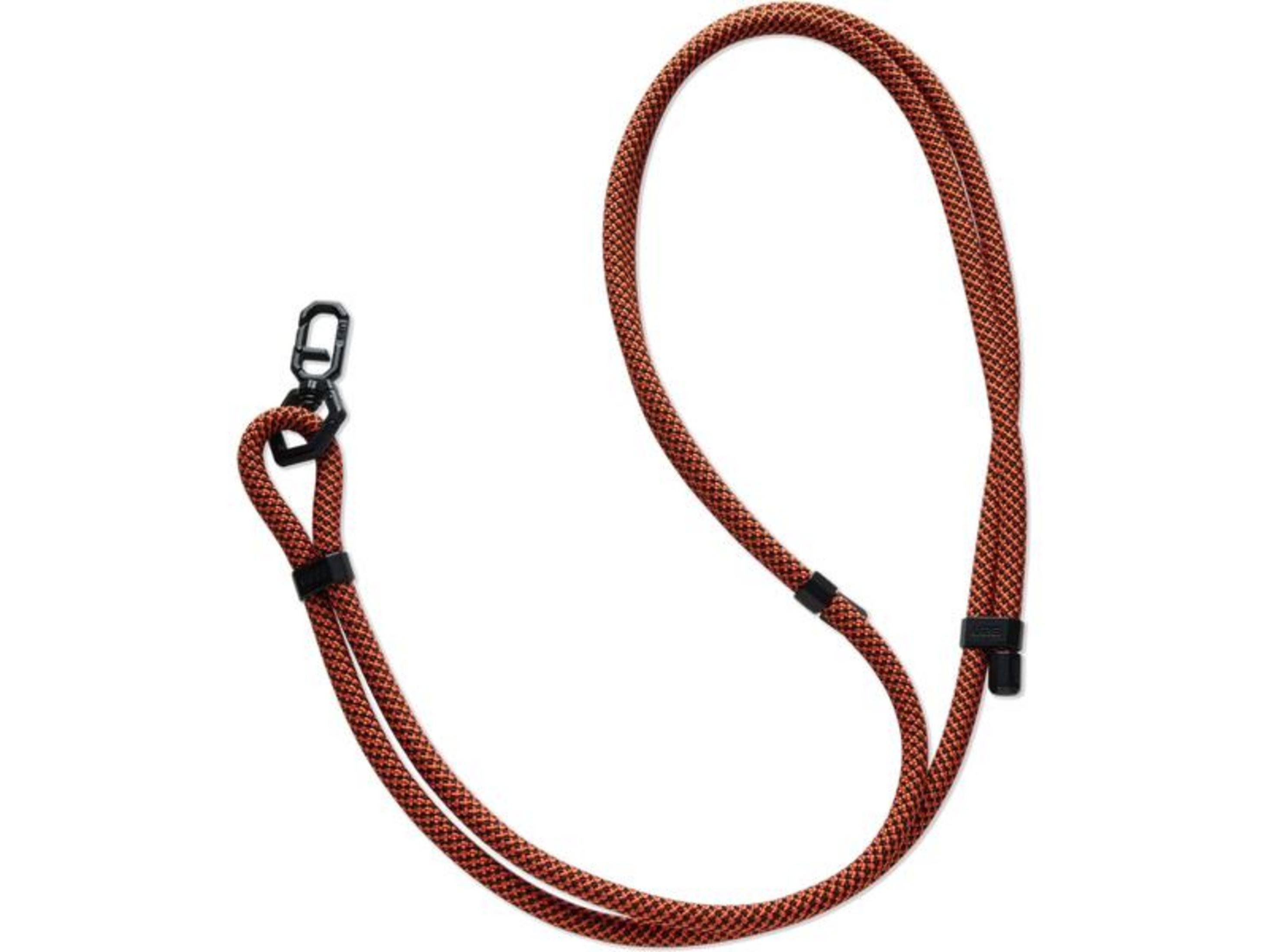 Ein orange-schwarzes Kordelband mit schwarzem Karabiner und Clips.