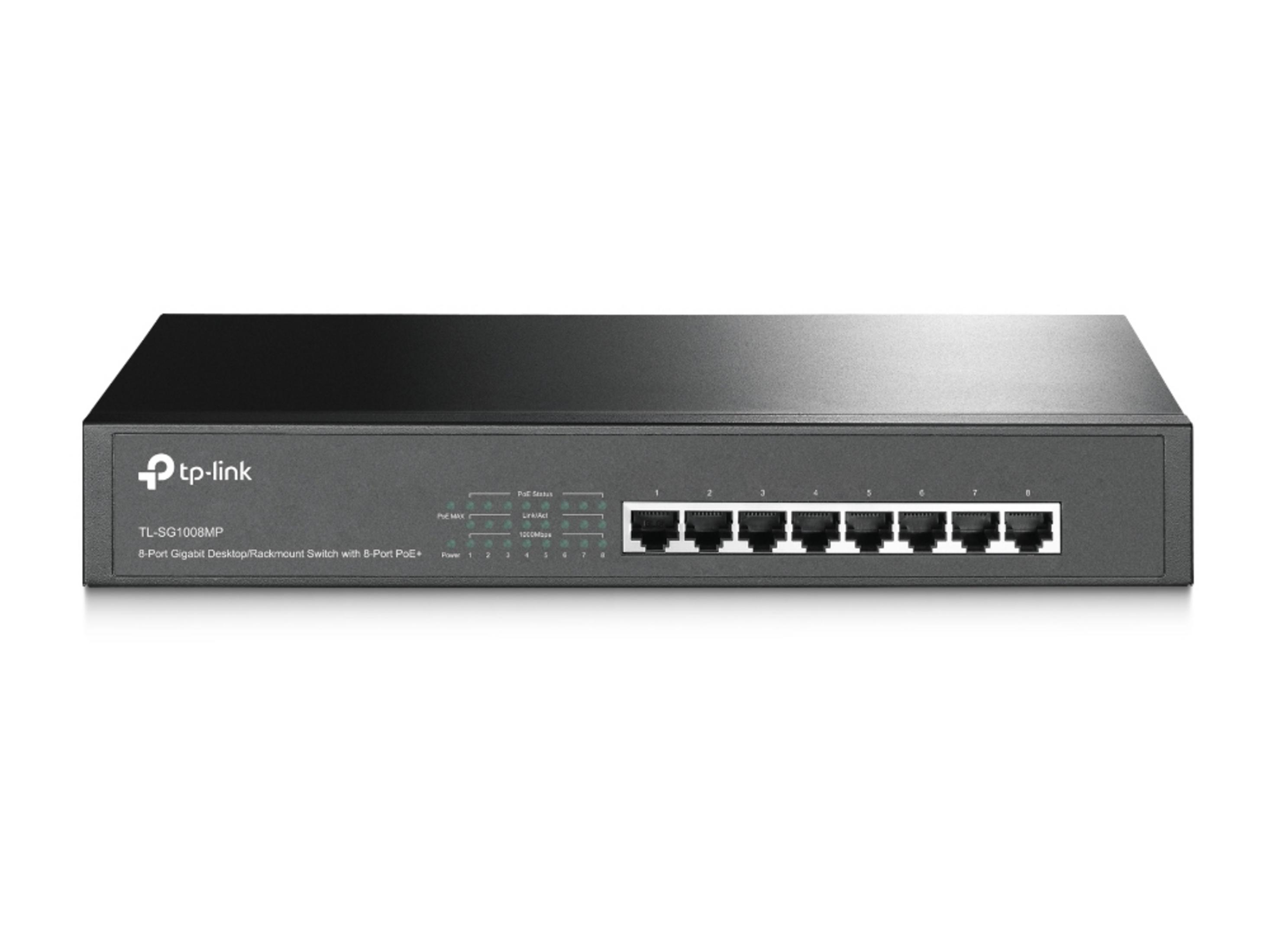 Czarny 8-portowy przełącznik Gigabit TP-Link z portami PoE+.