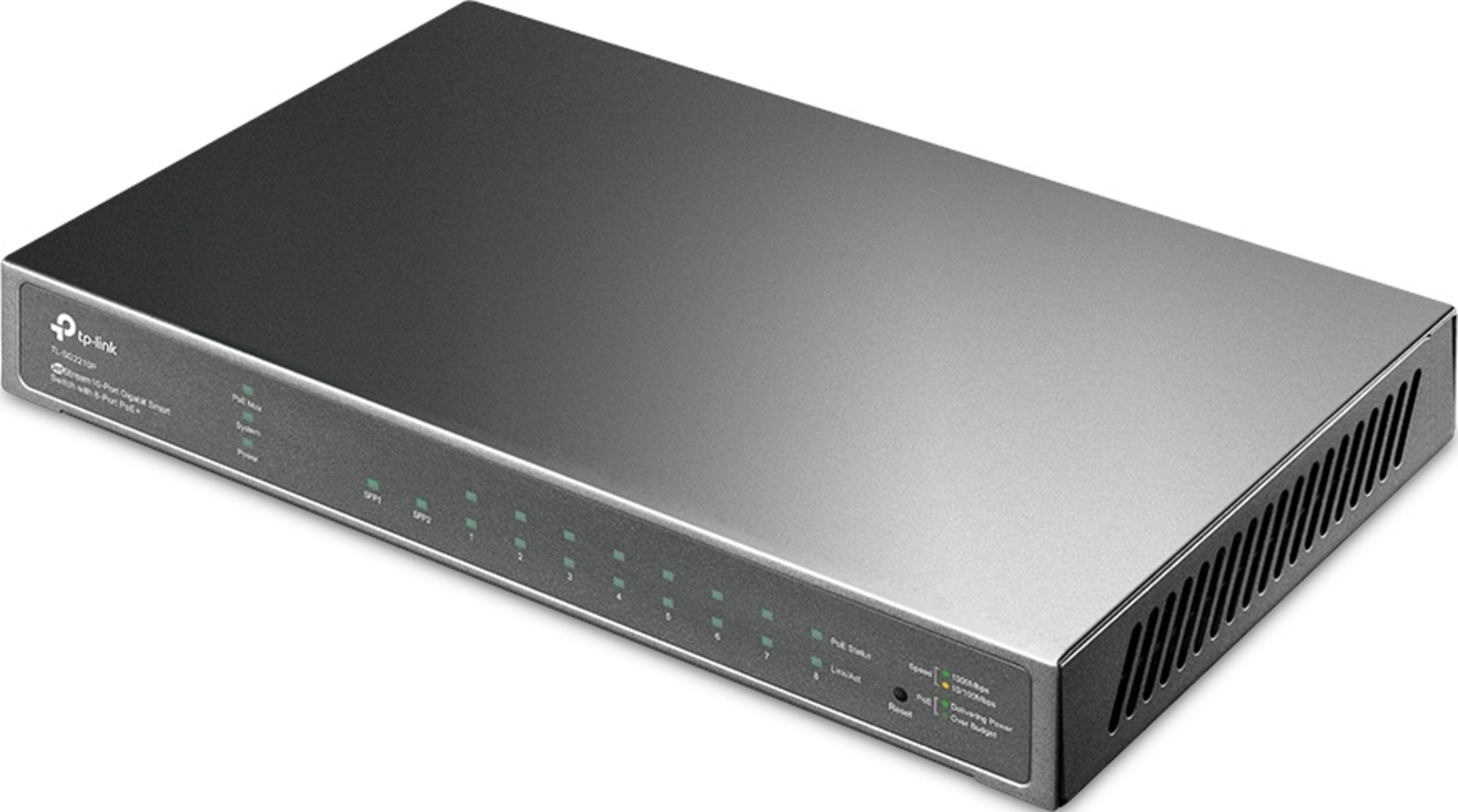Ein schlanker, grauer TP-Link Netzwerk-Switch mit mehreren beleuchteten Ports.