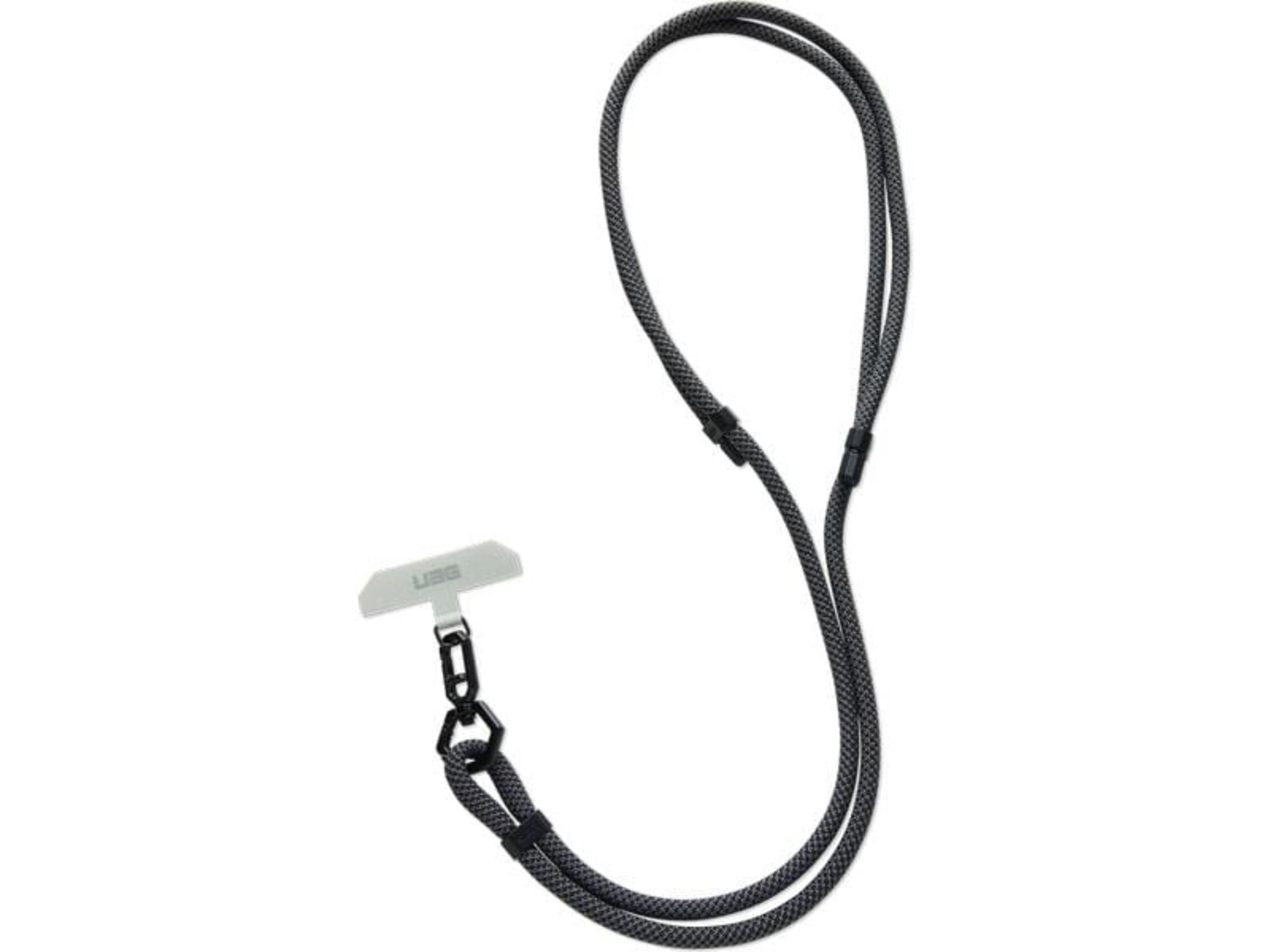 Ein schwarzes und graues Band mit einem T-förmigen Stecker und Karabiner.