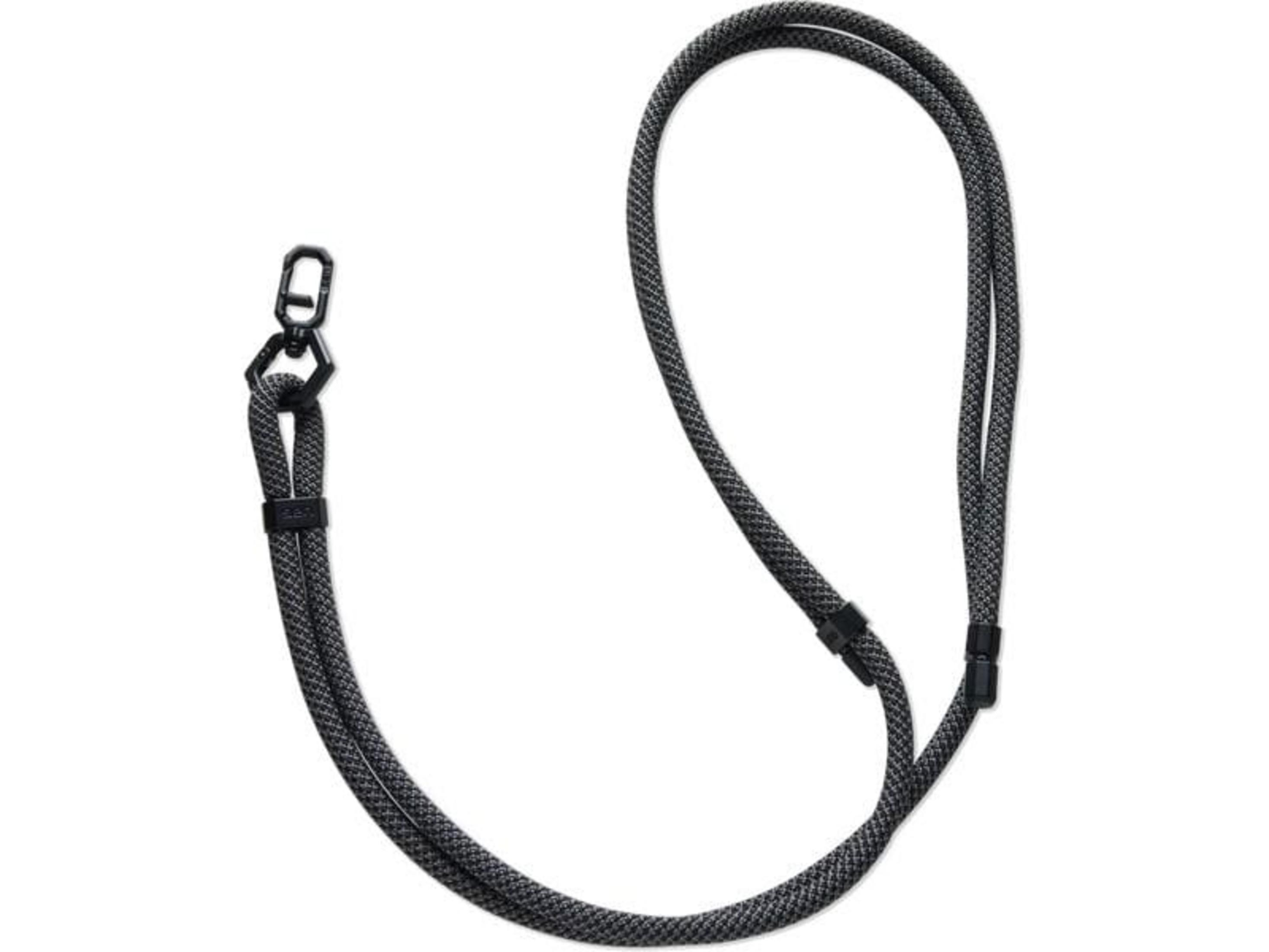 Ein dunkles, geflochtenes Band mit schwarzem Karabiner und Verstellern.