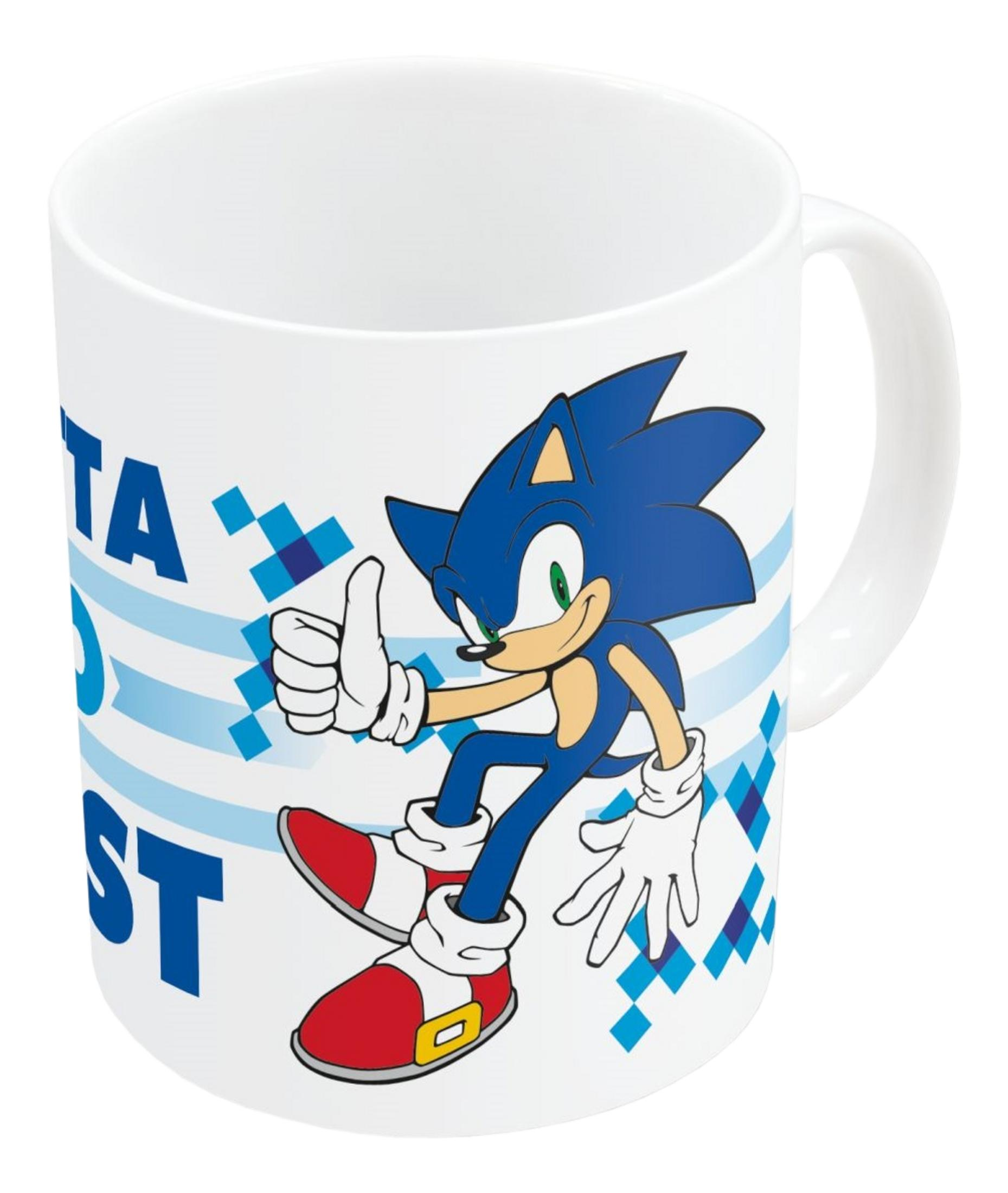 Eine weiße Tasse mit Sonic dem Igel, der den Daumen hochhält.