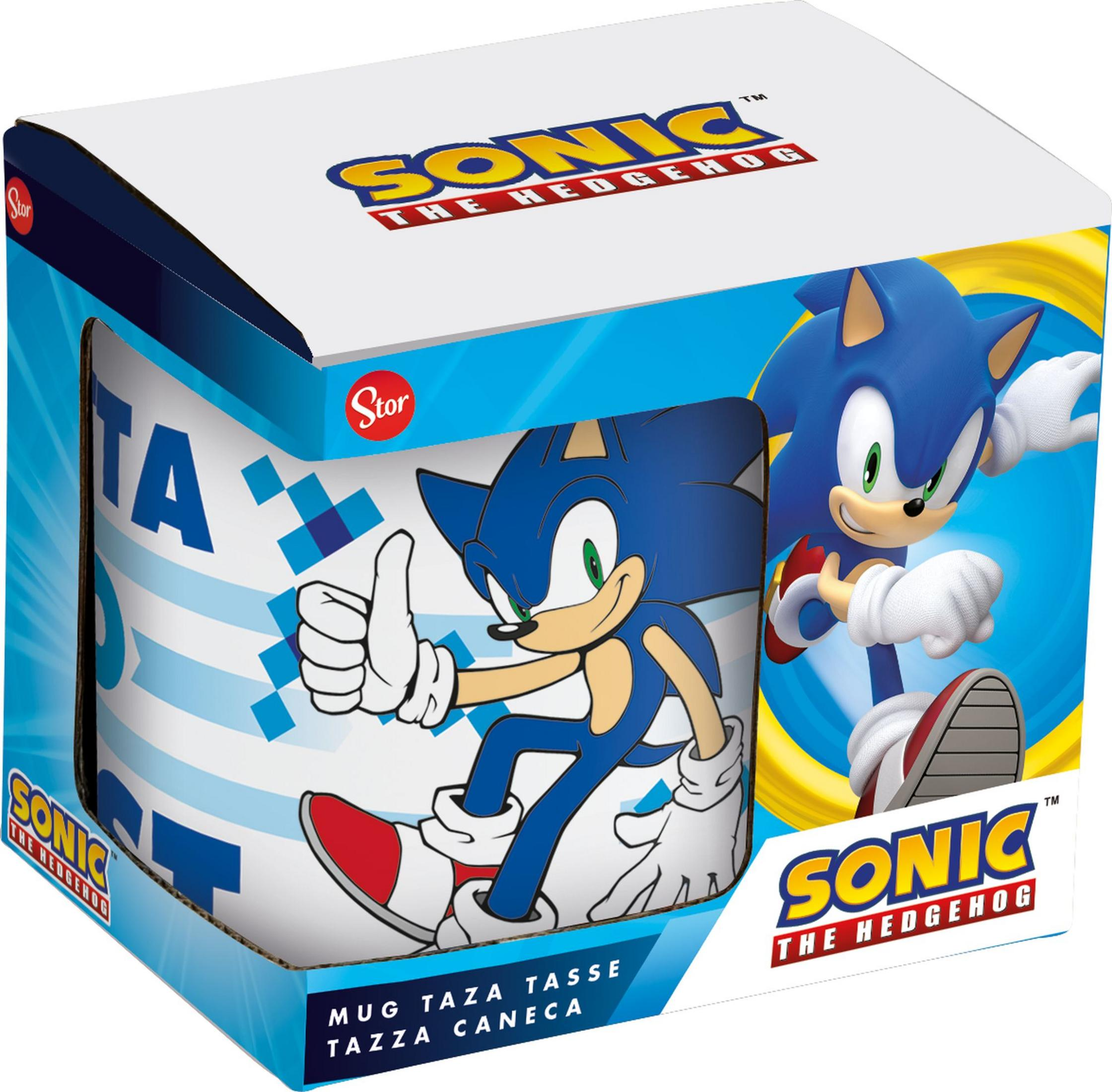Sonic the Hedgehog Tasse auf Kartonverpackung mit Sonic-Motiv.
