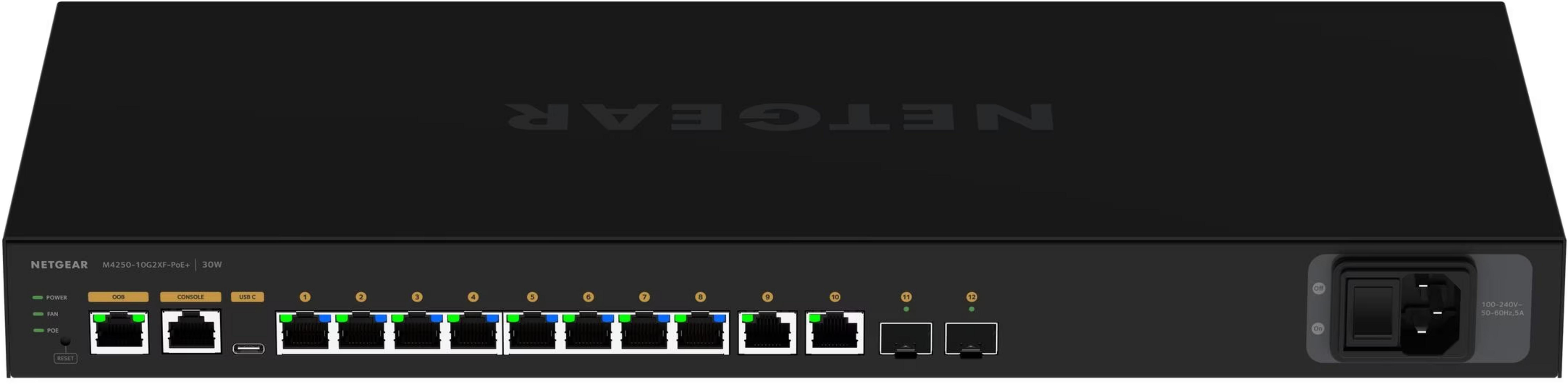 Czarny przełącznik Netgear z 12 portami, diodami LED i wejściem zasilania.