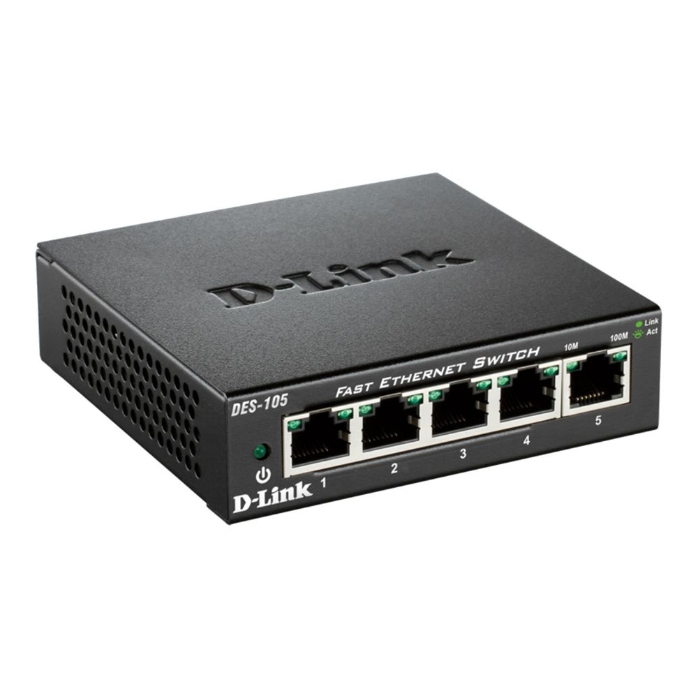 A black D-Link Fast Ethernet switch with 5 ports and indicator lights.