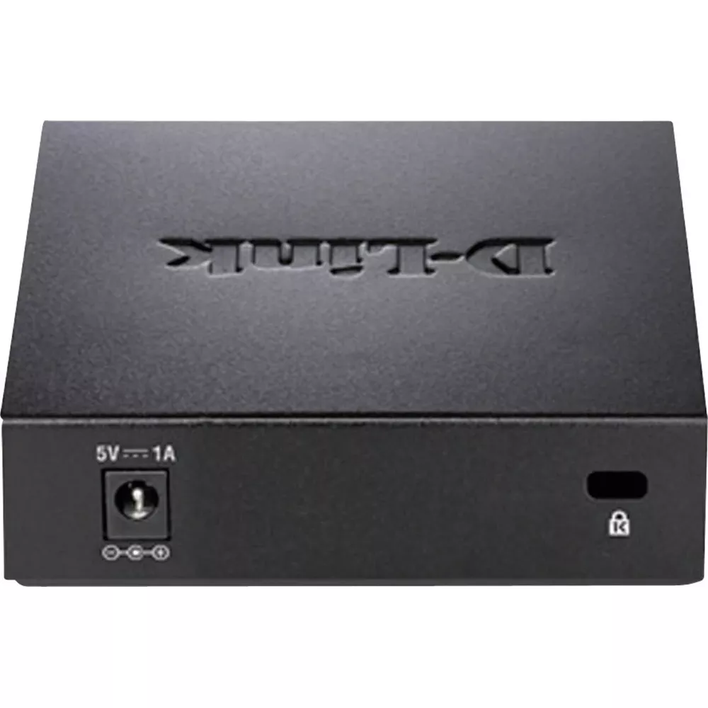 Black D-Link device with power input and lock symbol.