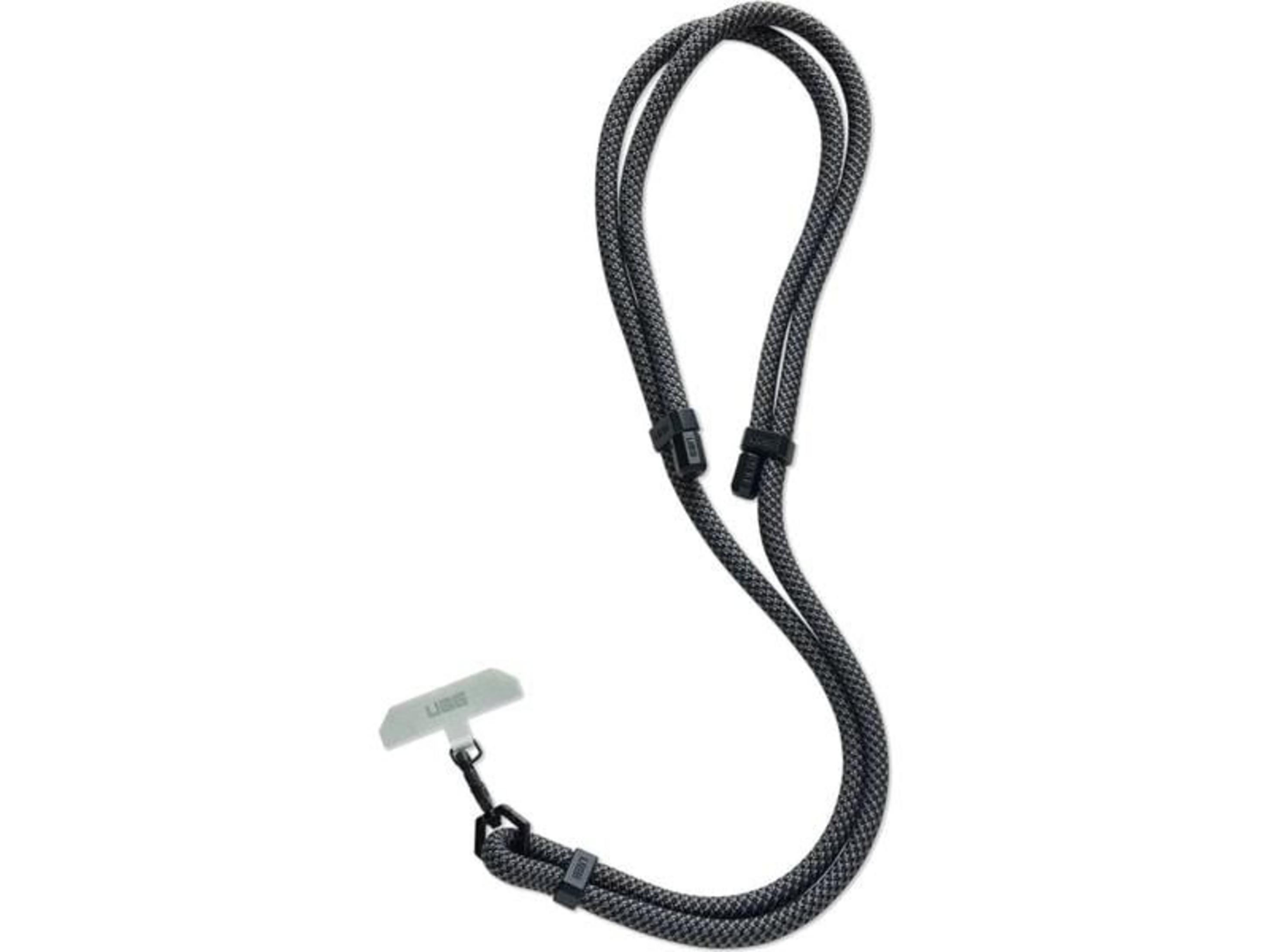 Une lanière grise avec un support en forme de T pour smartphone.