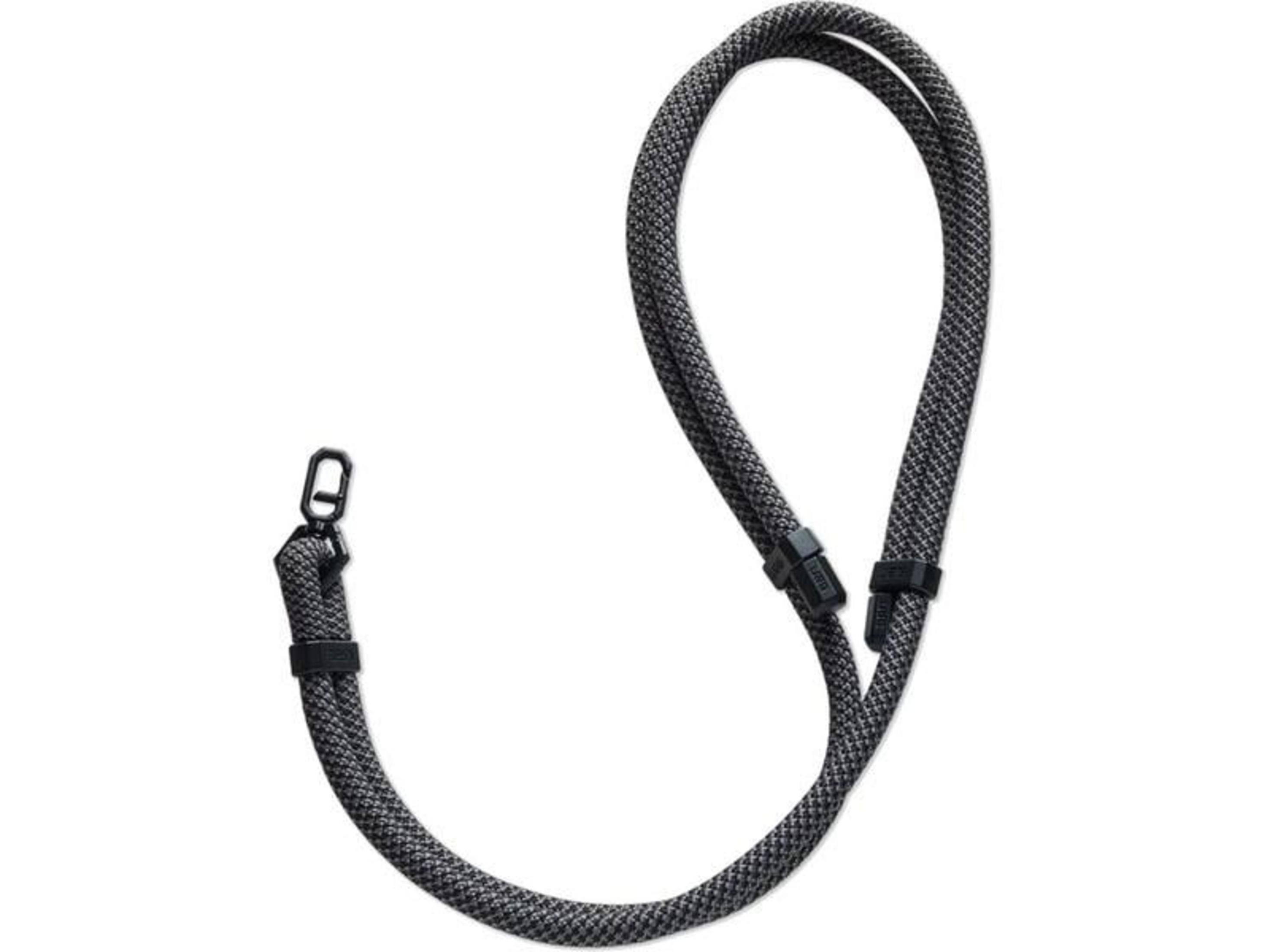 Une corde grise tressée avec un mousqueton noir et des clips noirs.