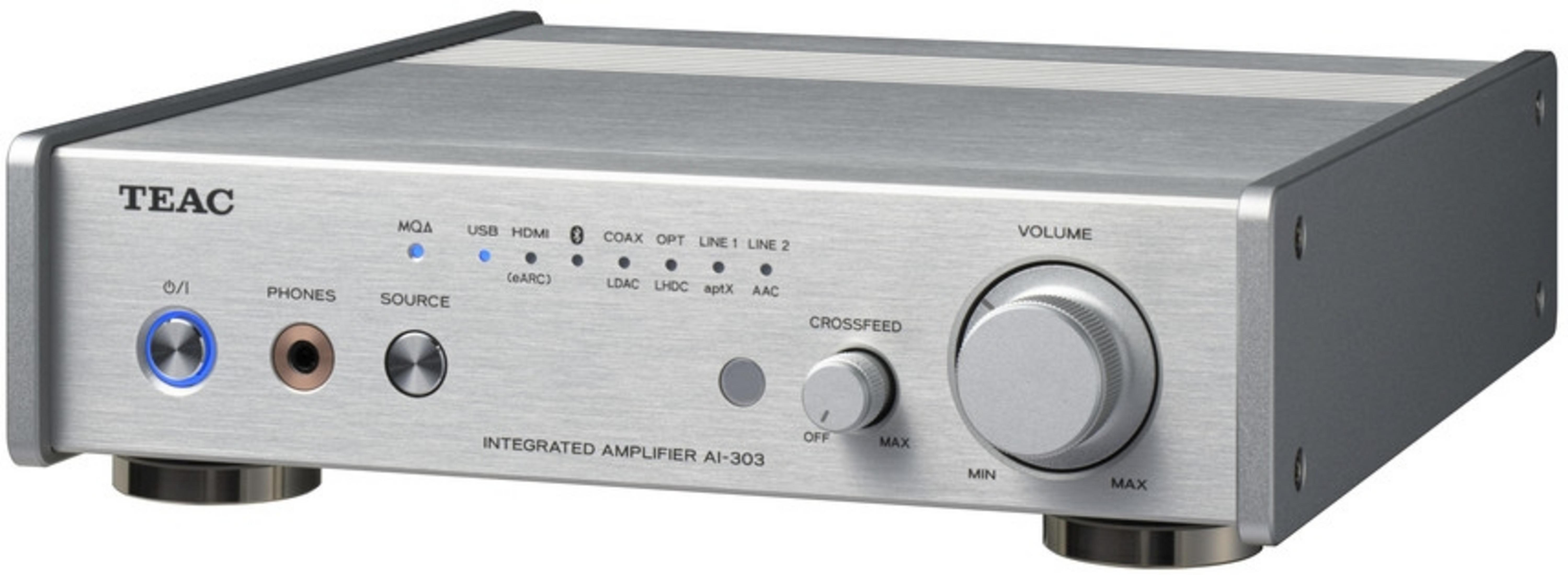 Silberner TEAC Vollverstärker AI-303 mit Drehreglern und Eingangs-LEDs.